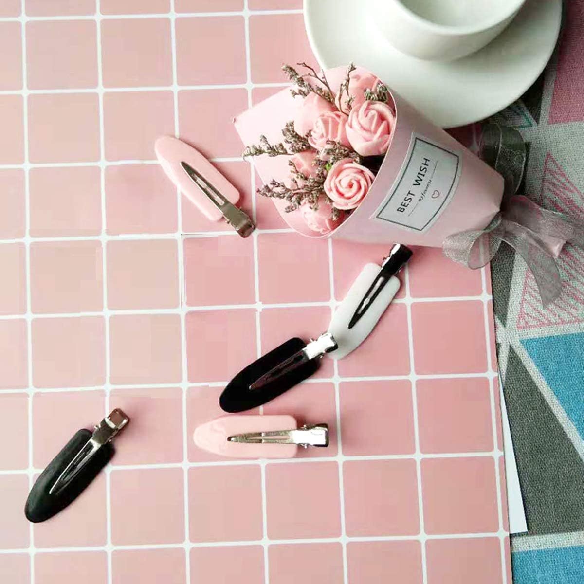 6 Pieces No Bend Hair Clips, No Crease Hair Clips, Makeup Clips for Hairstyling (Black&Pink&White) image number 4