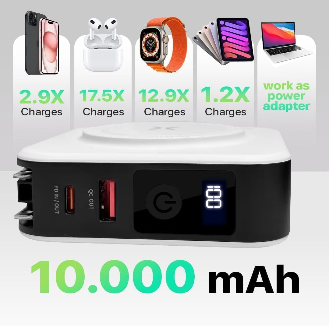 10000Mah 20W Universal 4 in 1 Travel Power Bank Wireless - for Magsafe Battery Pack, Power Pack with Built in Cable - Portable Fast Charging Adapter for Iphone 15/14/13/12 Series, Samsung (White) image number 5