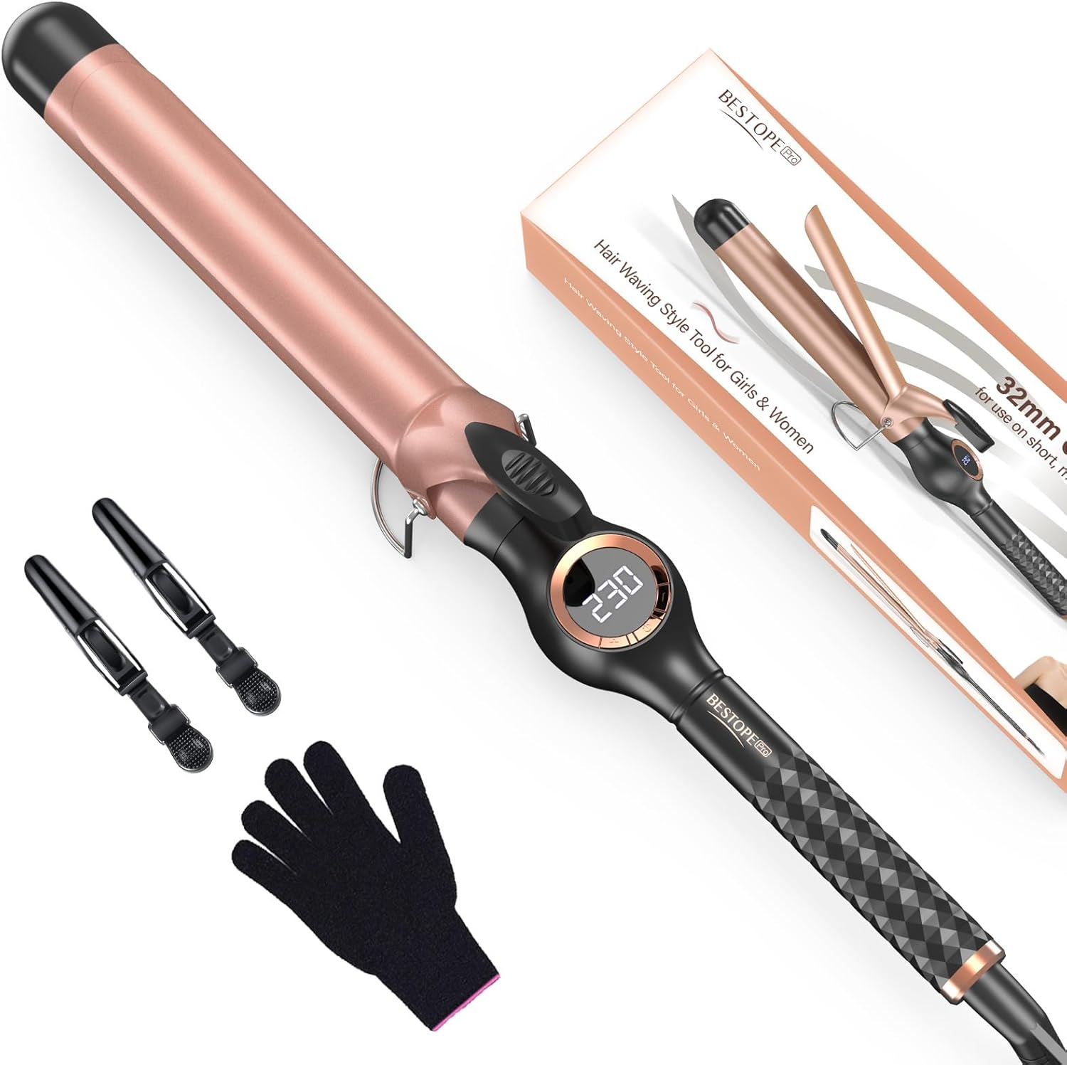 BESTOPE PRO 25 Mm Curling Iron, Curling Iron, Large Curls, Multi-Temperature, Extension Design Hair Curler, Quick Heating Curling Irons with Large LCD Display, with Clamp and Glove image number 1