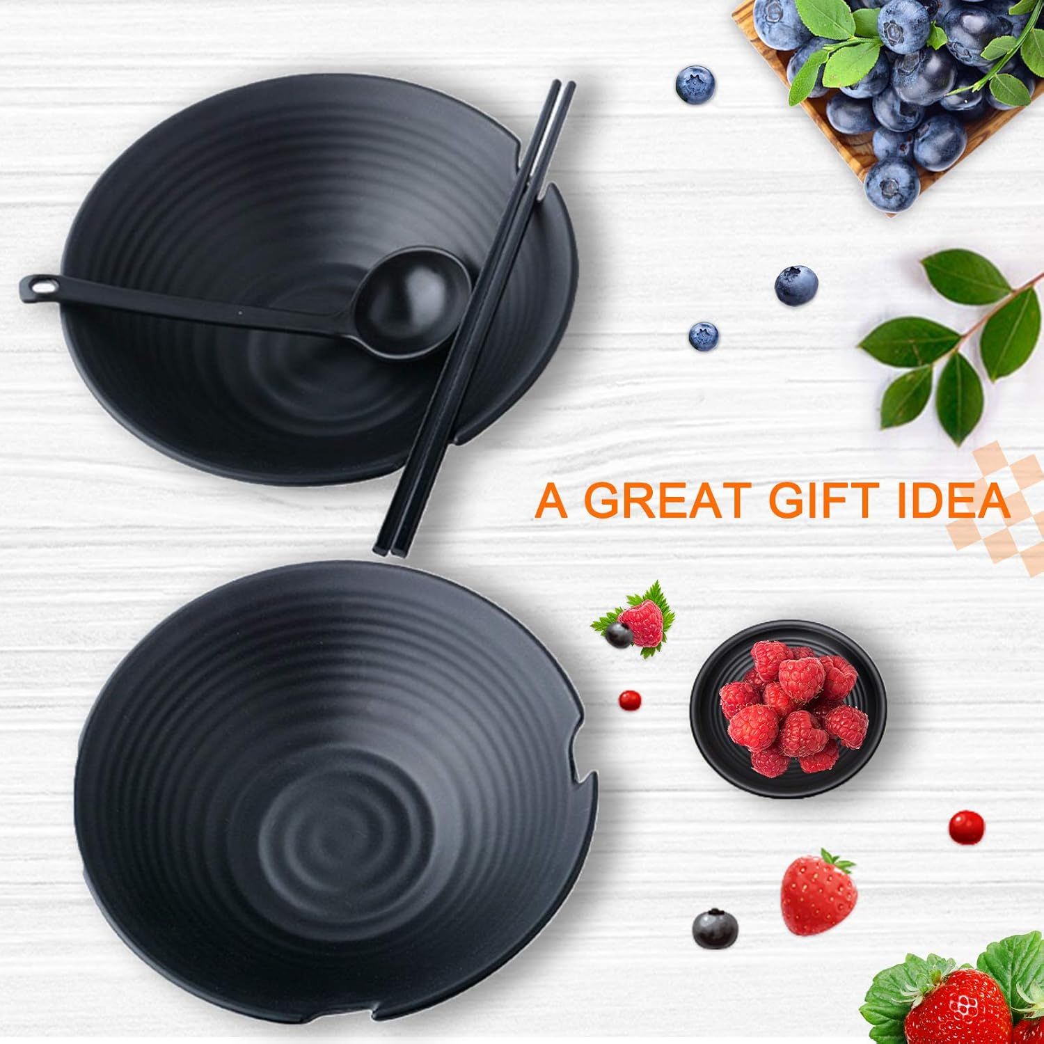 Vivimee Unbreakable Japanese Style Ramen Bowl Set of 2, 37Oz Black Large Ramen Bowls and Spoons Set with Chopsticks & Saucers for Pho Thai Miso Udon Soup Noodles or Asian Food, Matte Melamine Bowls image number 4
