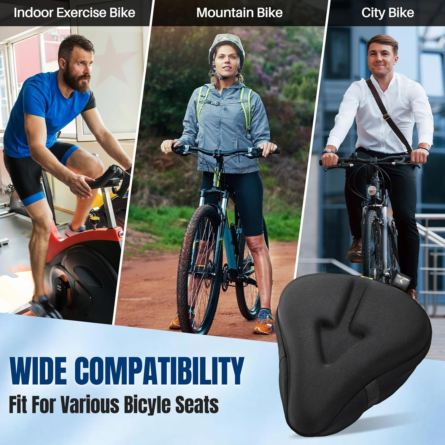 WOTOW Bike Seat Cushion, Soft Bike Seat Cover for Men Women, Padded with Gel and Memory Foam, Wide Comfortable Exercise Bike Seat Cushion Cover for Peloton, Stationary, Mountain and Cruiser Bikes image number 3