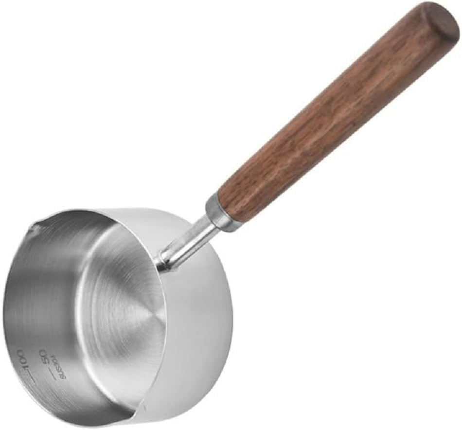 Small Milk Pot Stainless Steel Saucepan Wood Handle Saucepan 250Ml Butter Warmer with Dual Pour Spout Candy Melting Pot Mini Frying Pan Soup Pot (Stainless Steel, 250Ml) image number 2