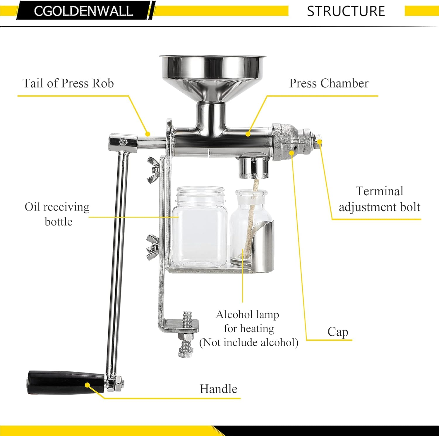 CGOLDENWALL Manual Cold Oil Press Machine Household Oil Extractor Peanut Nuts and Seed Oil Expeller for Physical Press and Continuous Expelling image number 1
