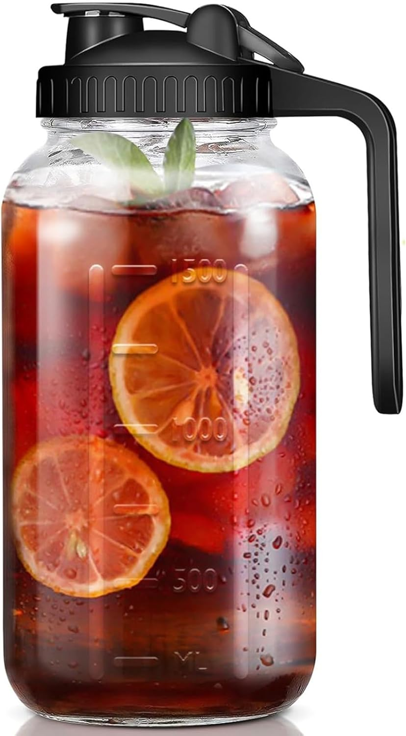 Mason Jar Pitcher,64Oz/2 Quart Wide Mouth Glass Pitcher with Airtight Seal Lid and Spout,Ice Tea Pitcher Nice for Milk, Cold Brew Coffee,Iced Tea,Fruit Tea