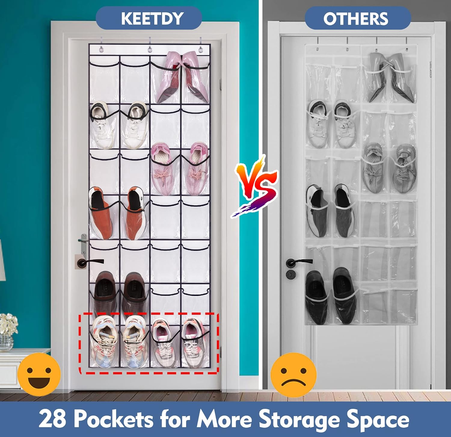 KEETDY 28 Large Clear over the Door Shoe Rack with Crystal Pockets Hanging Shoe Organizer Storage Shoe Holder for Closet Hanger, White image number 5