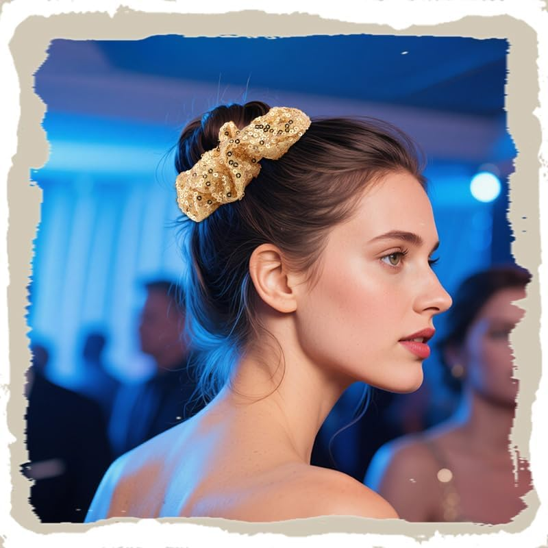Gold Sequin Scrunchies for Girls Women Bling Elastic Hair Ties Bands Ropes Ponytail Holders for Christmas Party Hair Accessories Cheerleadering Hair Scrunchie Scrunchy 2 PCS image number 3