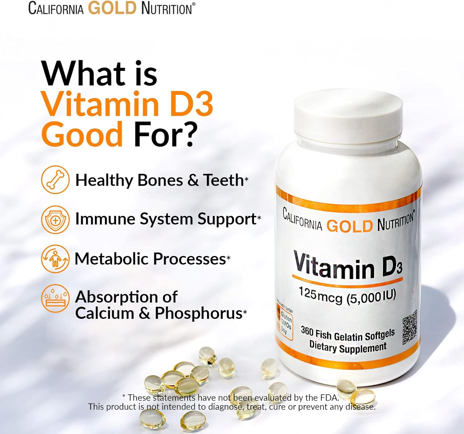 California Gold Nutrition Vitamin D3, 50 Mcg (2,000 IU), 360 Fish Gelatin Softgels image number 1