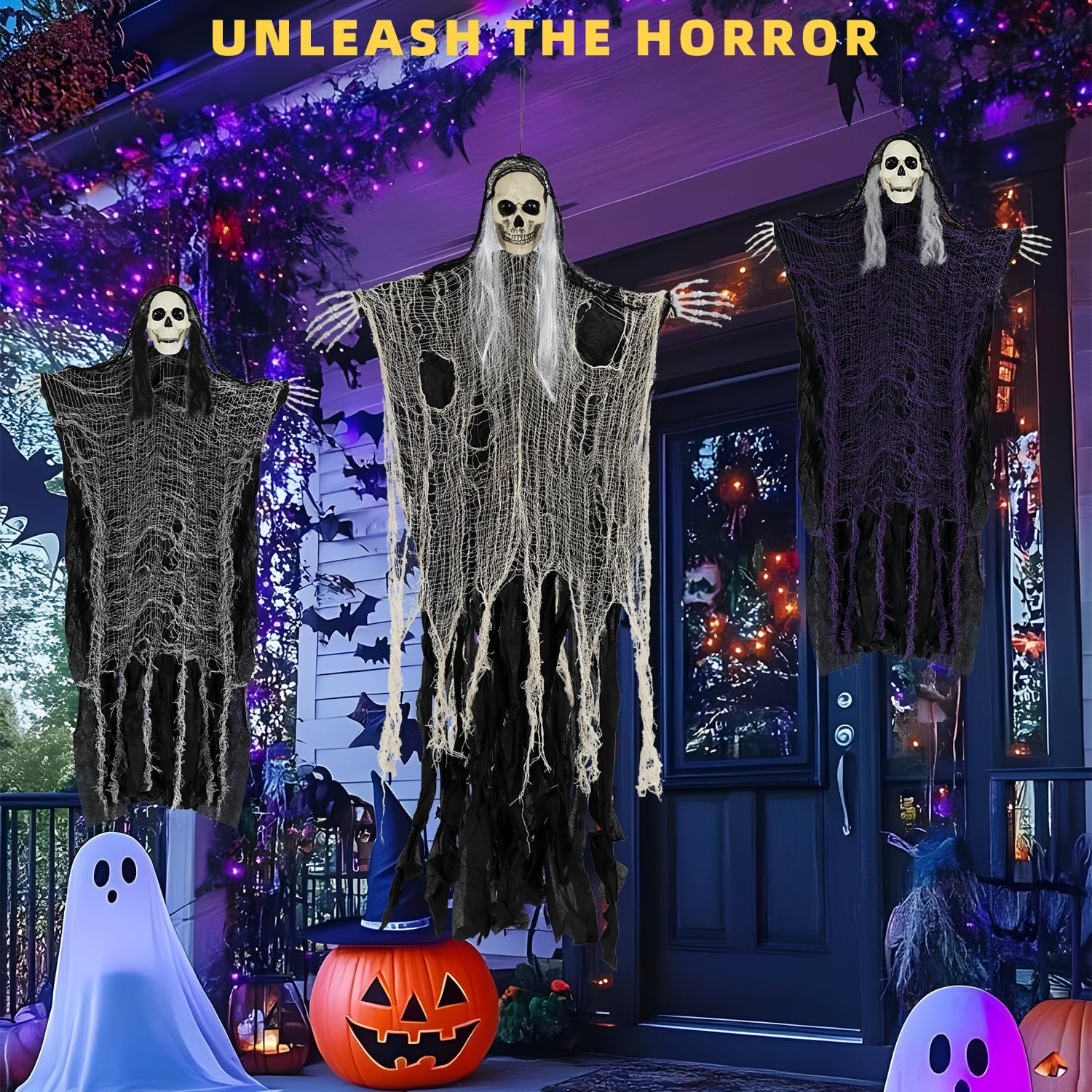 3PCS Halloween Skeleton Ghosts Decorations，Hanging Grim Reapers, Decorations Halloween Decorations Outdoor, Halloween Decorations，Horrible Halloween Decoration