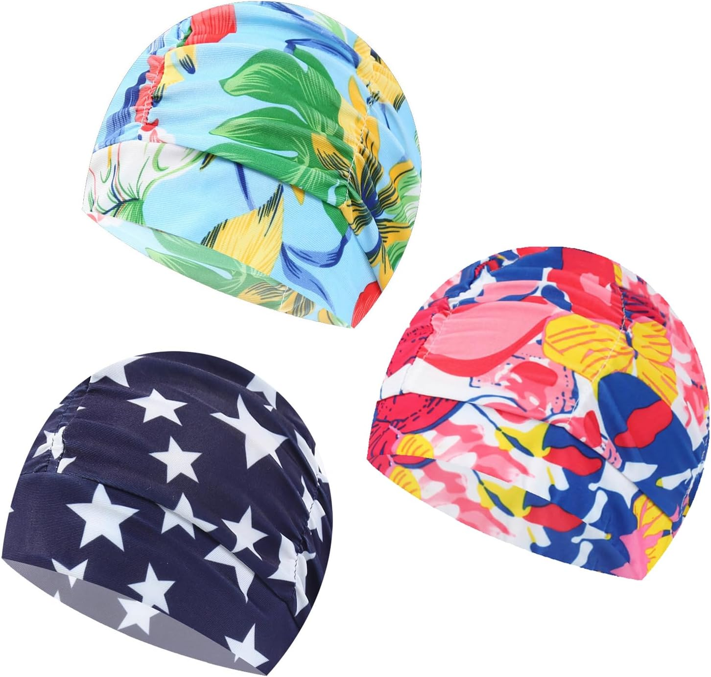 3PCS Floral Printed Summer Swimming Cap Long Hair Swim Hat Pleated Style Swim Cap for Women Grils Beach Surfing