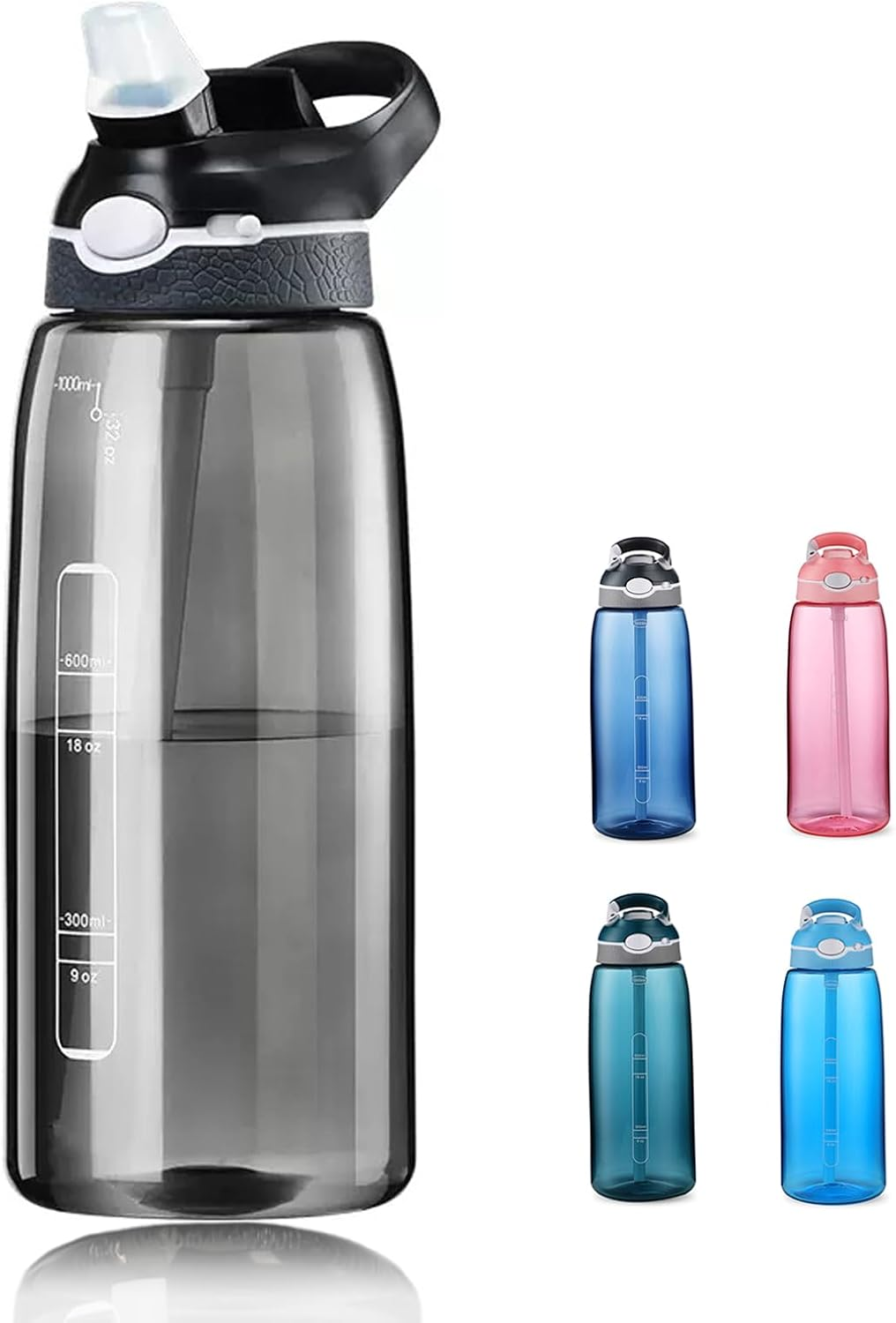 1000Ml Black Water Bottle with Straw, BPA FREE Clear Bottle with Handle One Hand Use Easy Carried, Flip Up, Suit School, Office, Gym, Office for Women Men