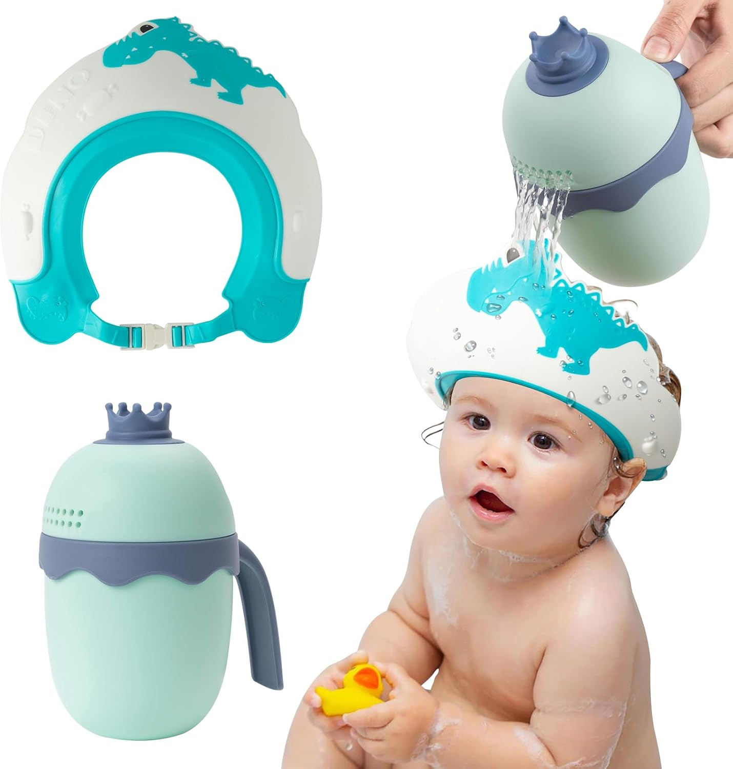 FUNUPUP Baby Shower Cap for Kids with Bath Rinse Cup, Adjustable Toddler Hair Washing Shield Hat Baby Bath Visor Shampoo Hat for Toddlers 6M-9T（Dinosaur Blue) image number 4