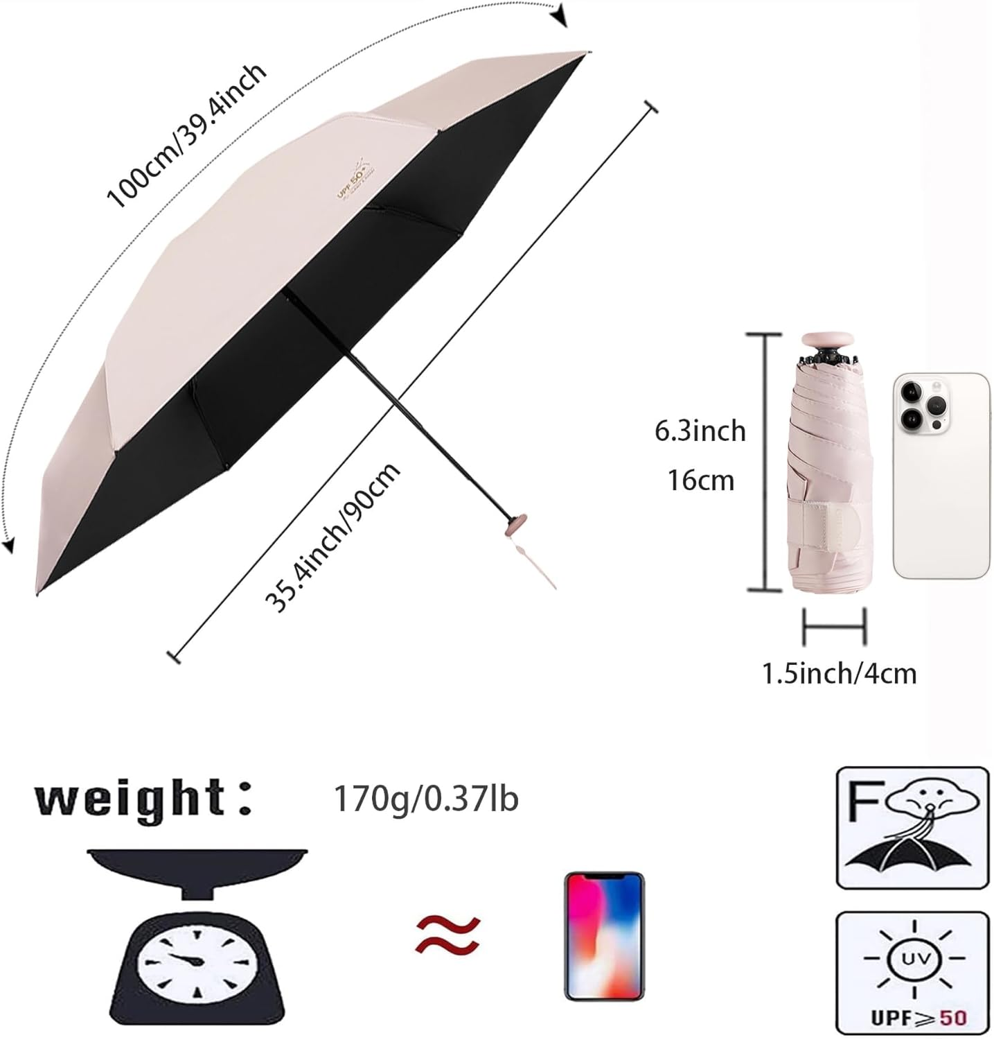 Mini Sun Travel UV Umbrella anti UPF 50 Protection 99.9% Micro Handle Coating Layer Fabric Compact/Lightweight Small Portable Backpack/Folding Purse Pocket Umbrella Rain/Blocking/Men Women Kids image number 5