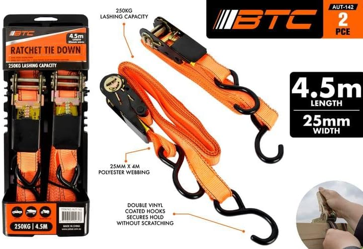BTC Heavy Duty Ratchet Tie down 2 Pieces Set, 4.5 Meter Lengh X 2.5 Cm Width