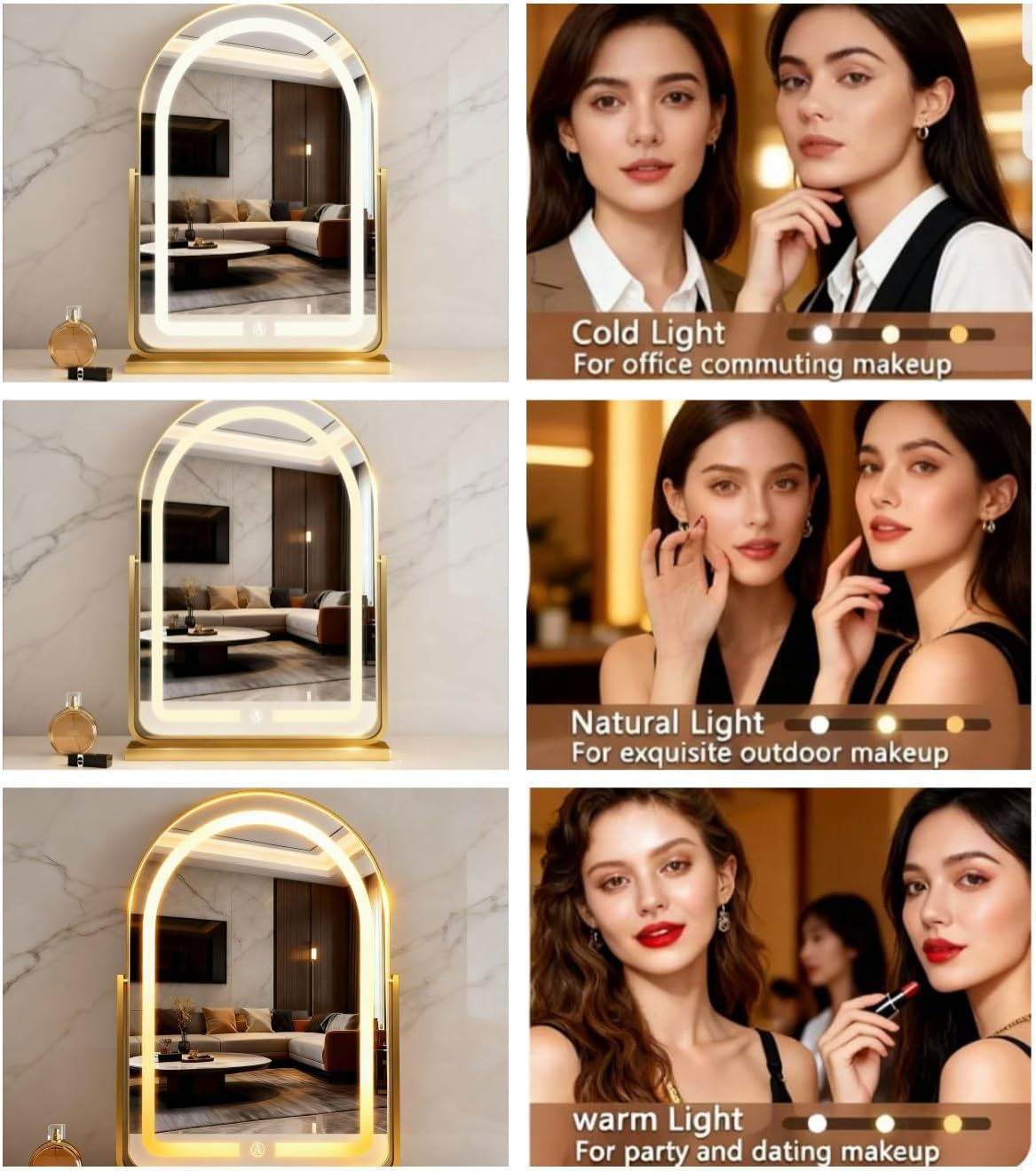 GDJIAYIYI Arched LED Vanity Mirror,Makeup Mirror with Lights,Tabletop Makeup Mirror,Touch Switch Adjustable Brightness, 360&deg; Rotation, 3-Color Light Countertop Vanity Mirror (White,44 * 32Cm) image number 6