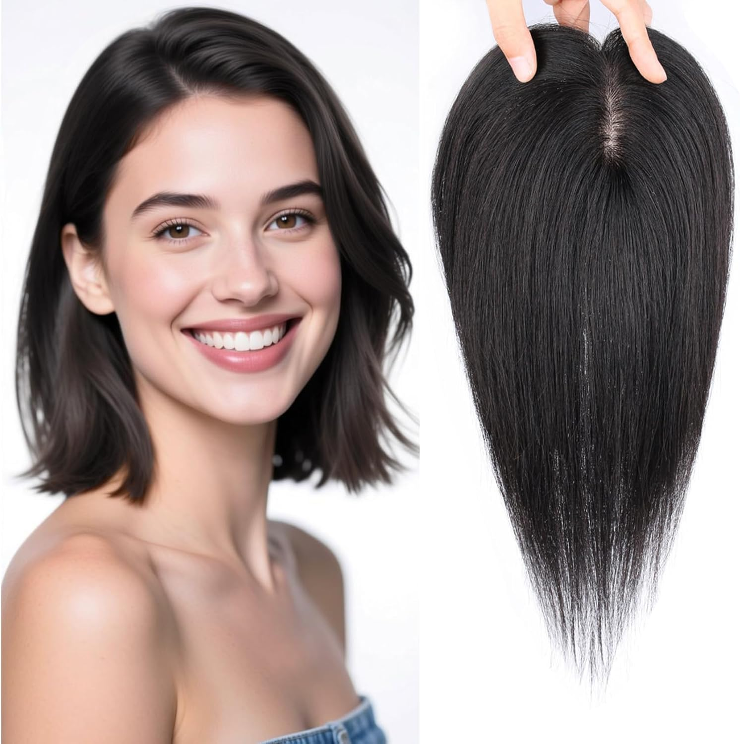 ICRAB Side Part Natural Hair Topper Wig Pieces Human Hair 13X14Cm Silk Base Crown Topper Clip in Hairpiece Large Coverage Wiglets Hairpieces for Thinning Hair Loss Natural Black,Left Part 12 Inch