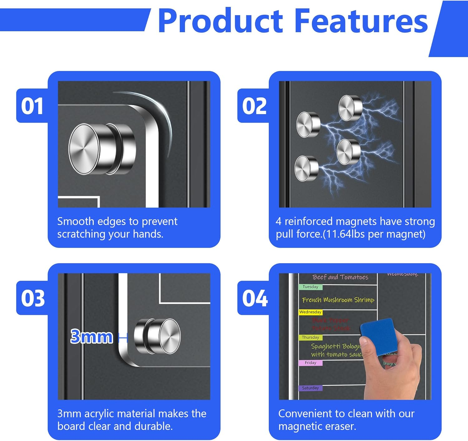 Zenbeya Clear Acrylic Meal Planner for Fridge, Magnetic Menu Board for Kitchen, Colorful Calendar Weekly Dry Erase Board for Refrigerator with 6 Magnet Markers & Eraser & Pen Holder (20X30Cm) image number 4