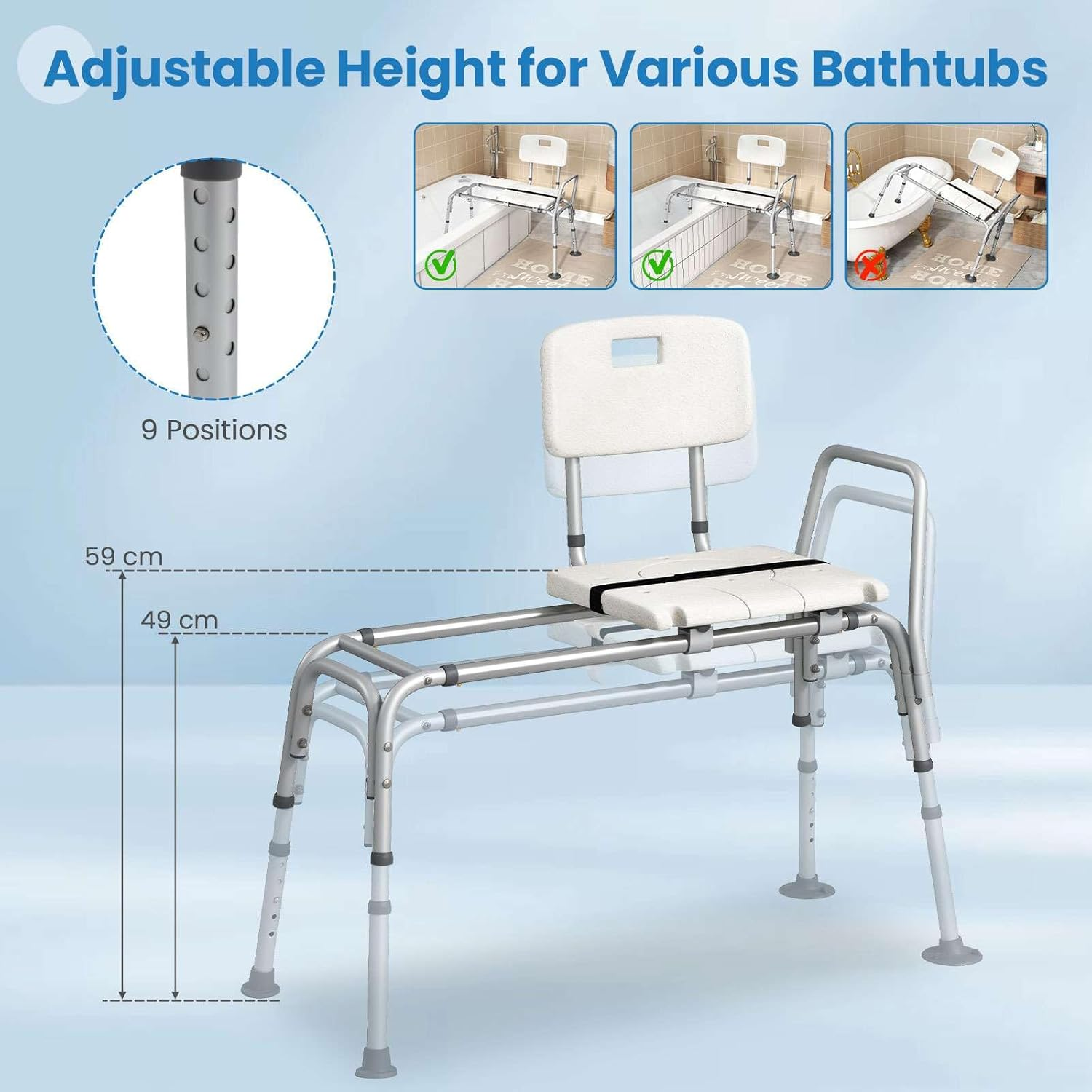 Costway Sliding Tub Transfer Bench, Height Adjustable inside Bathtub Chair with Extra-Wide Seat, Backrest, Armrest and Safety Belt, Non-Slip Shower Chair for Elderly and Disabled image number 5