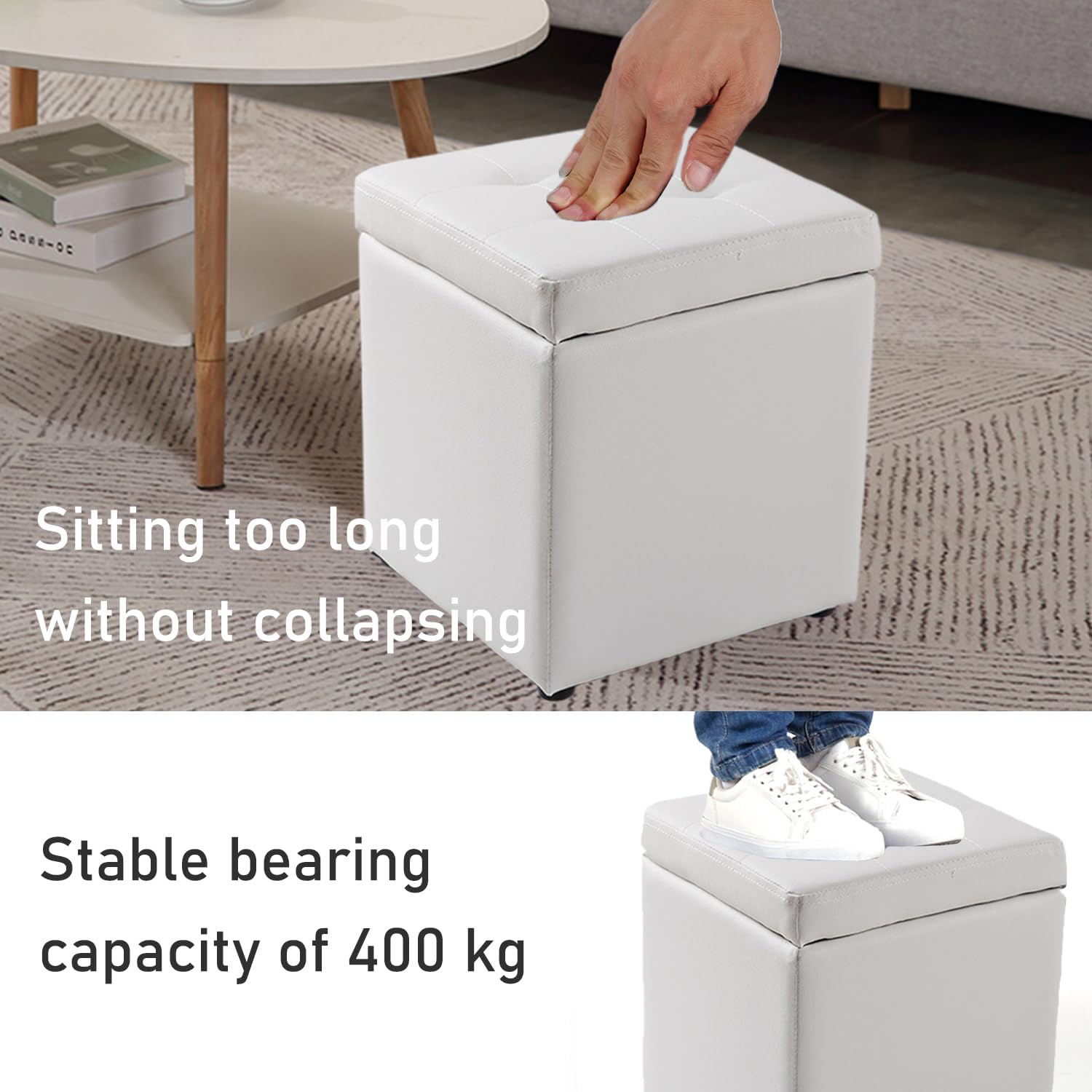 Uandhome Storage Ottoman Cube Storage Box,Multipurpose Foot Stool PU Faux Leather,Small Square Ottoman Shoe Bench with Padded Seat for Living Room Bedroom Dorm (White) - Black image number 4