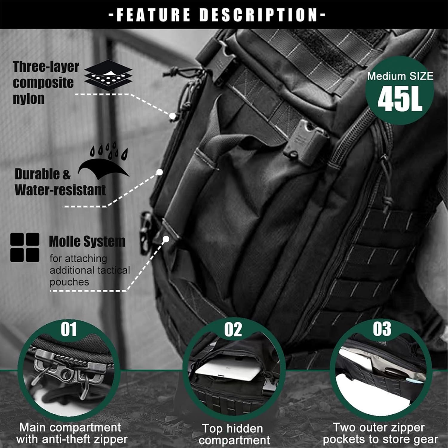 Miramrax 3 in 1 Military Backpack Travel Duffle Bag for Weekender Gym Traveling Workout Deployment, Gym Bag,Large Tactical Bags(45L) (Black) image number 5