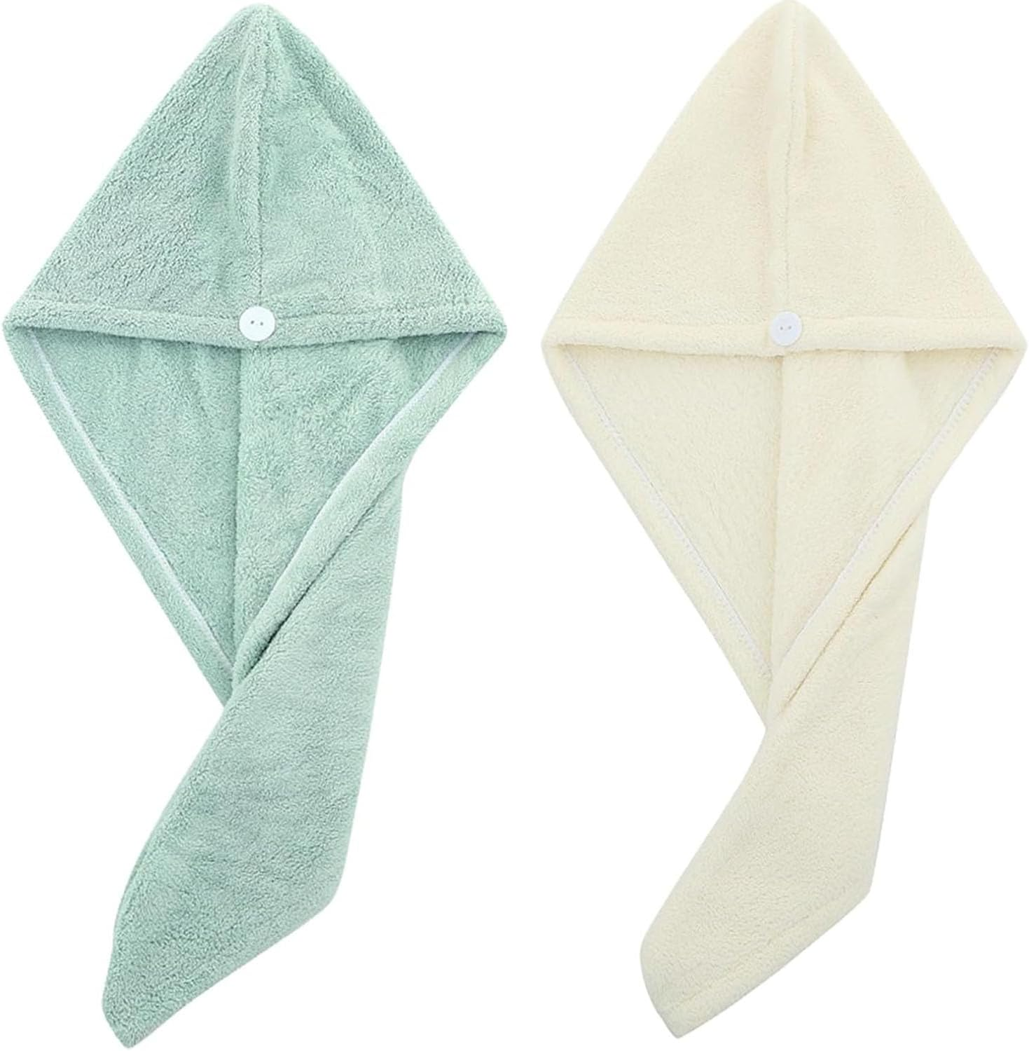 2PCS Microfiber Hair Towel - Super Absorbent Hair Turbans for Wet Hair- anti Frizz Head Towels Wrap - Drying Towels with Button for Long Curly and Thick Hair (Green+White)