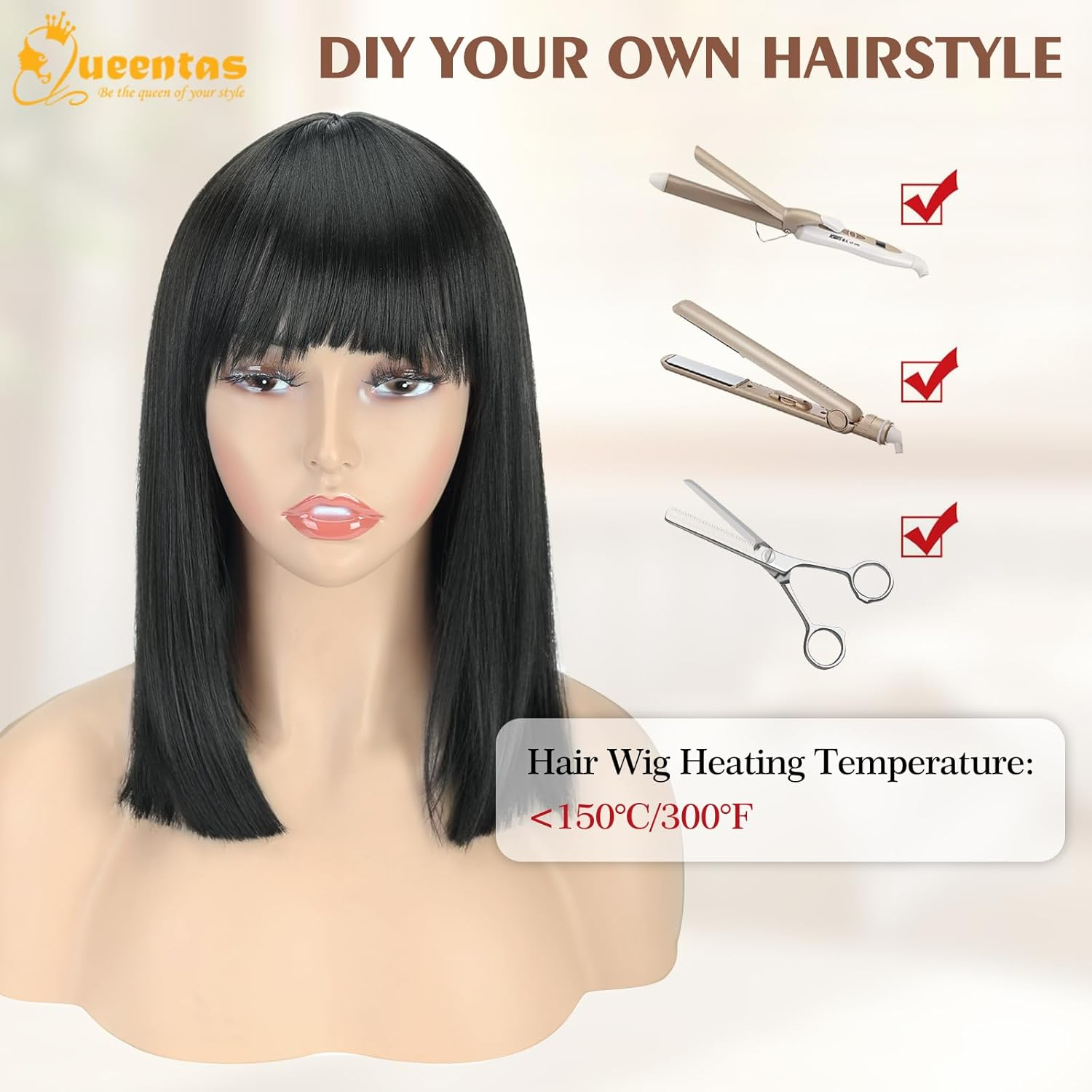 QUEENTAS Short Black Bob Hair Wigs for Women Light Black Wig Full Head with Bangs Synthetic Hair Straight Black Bob Wig for Daily Party Cosplay image number 2