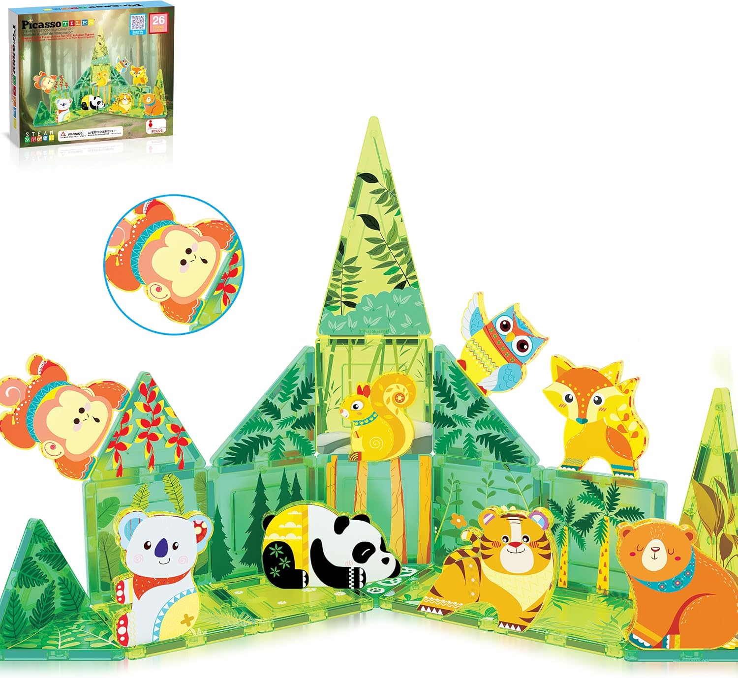 Picassotiles Magnet Tile Building Blocks Forest Animal Themed Playset with 8 Character Action Figures Educational STEM Learning Construction Kit Pretend Play Magnetic Tiles Toddler Kids Ages 3+ PTQ26 image number 4