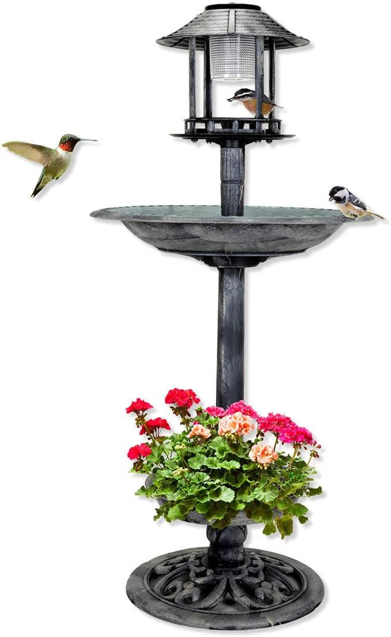 Garden Greens Solar Light Bird Bath with Feeder, 108 Cm X 50 Cm Size, Silver/Black image number 1