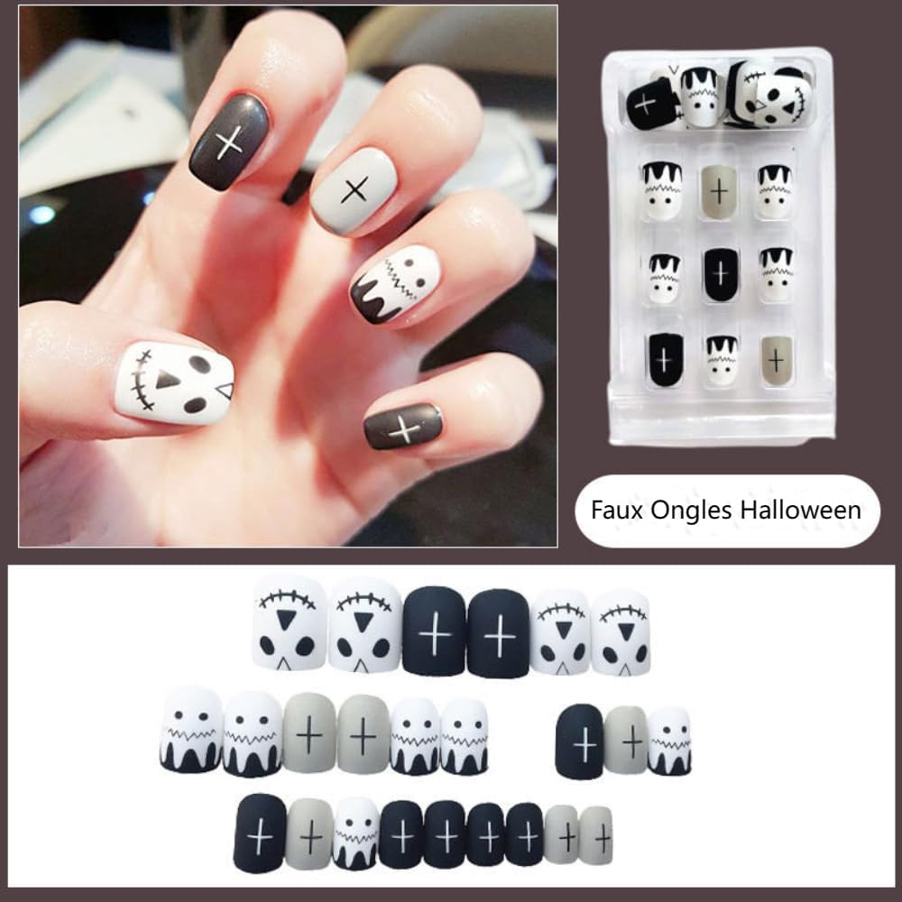 Ztcily False Nails Short Square Matte Black and White False Nails Halloween Punk Style for Women Girls Gift Accessories image number 1