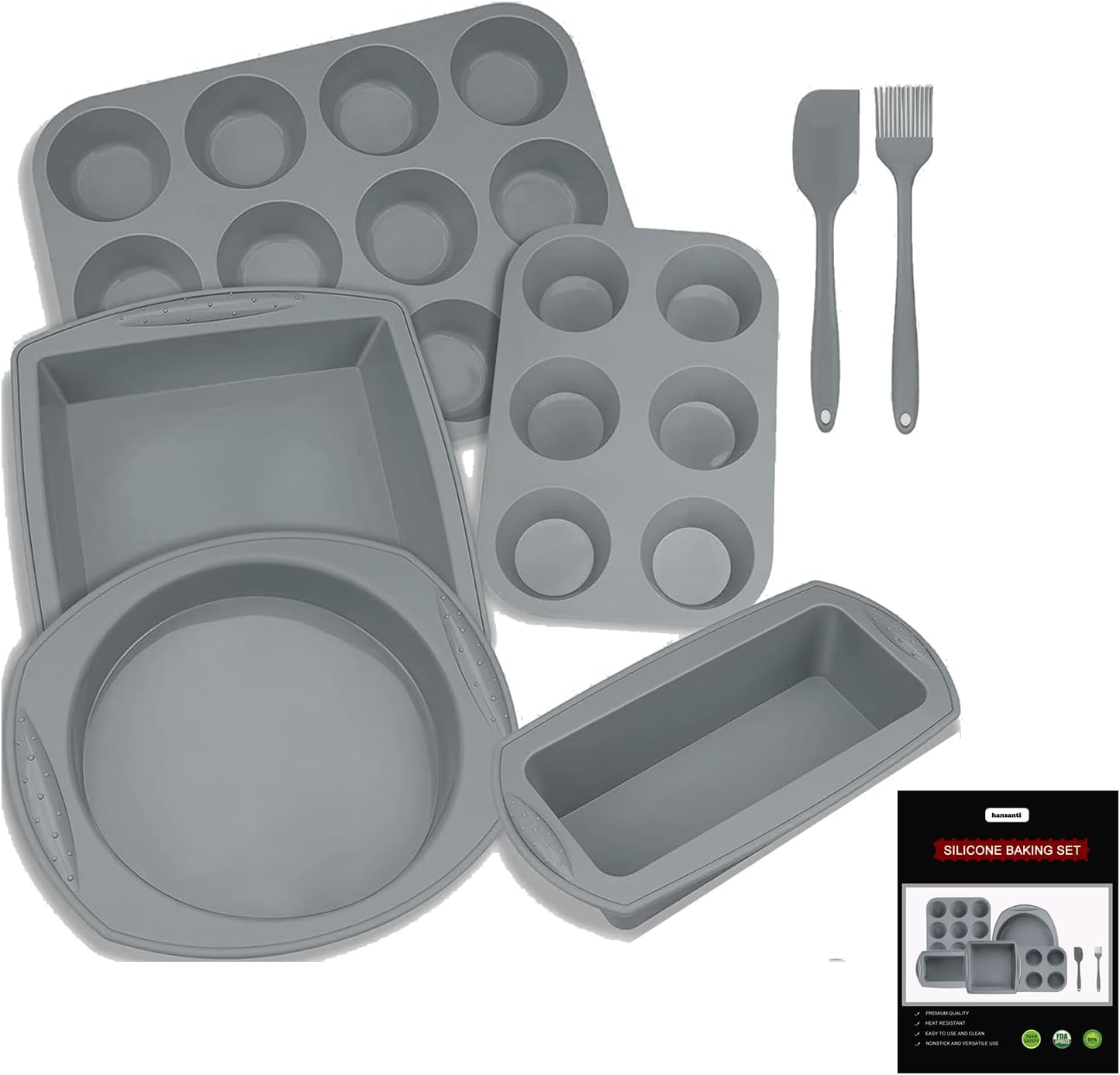 5-Piece Nonstick Silicone Bakeware Baking Set, Kitchen Bake Pans Molds Tray for Oven with BPA Free Round/Square Cake Pan, Loaf Pan, Muffin Pan for Bread Pizza Cheesecake Cupcake Pie Desserts