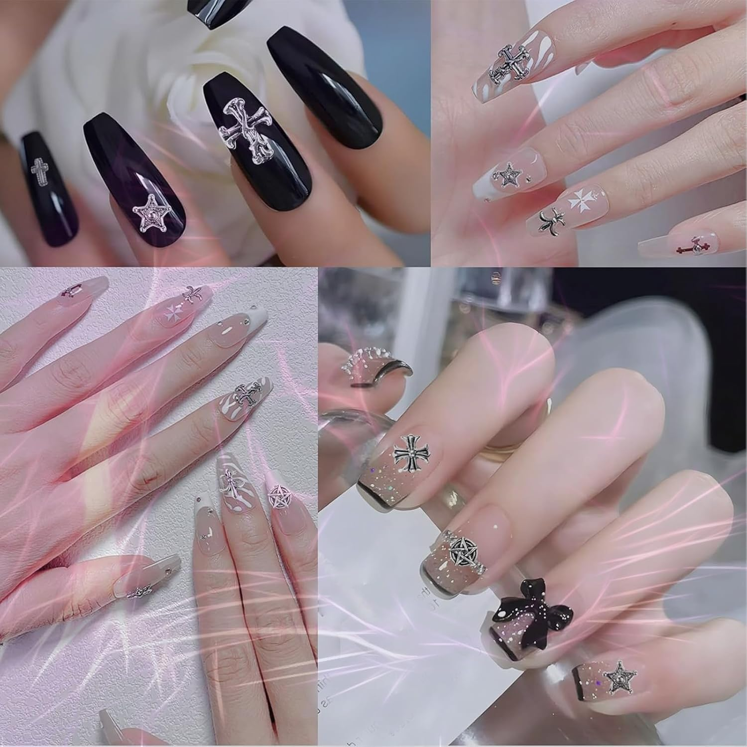 80Pcs Leeneen Silver Metal Cross Nail Charms for Nails Design,Y2K 3D Chrome Nails Art,Vintage Alloy Cross Heart Skull Acrylic Charm for Women, Halloween Nail Supplies (L1) - L2 image number 6