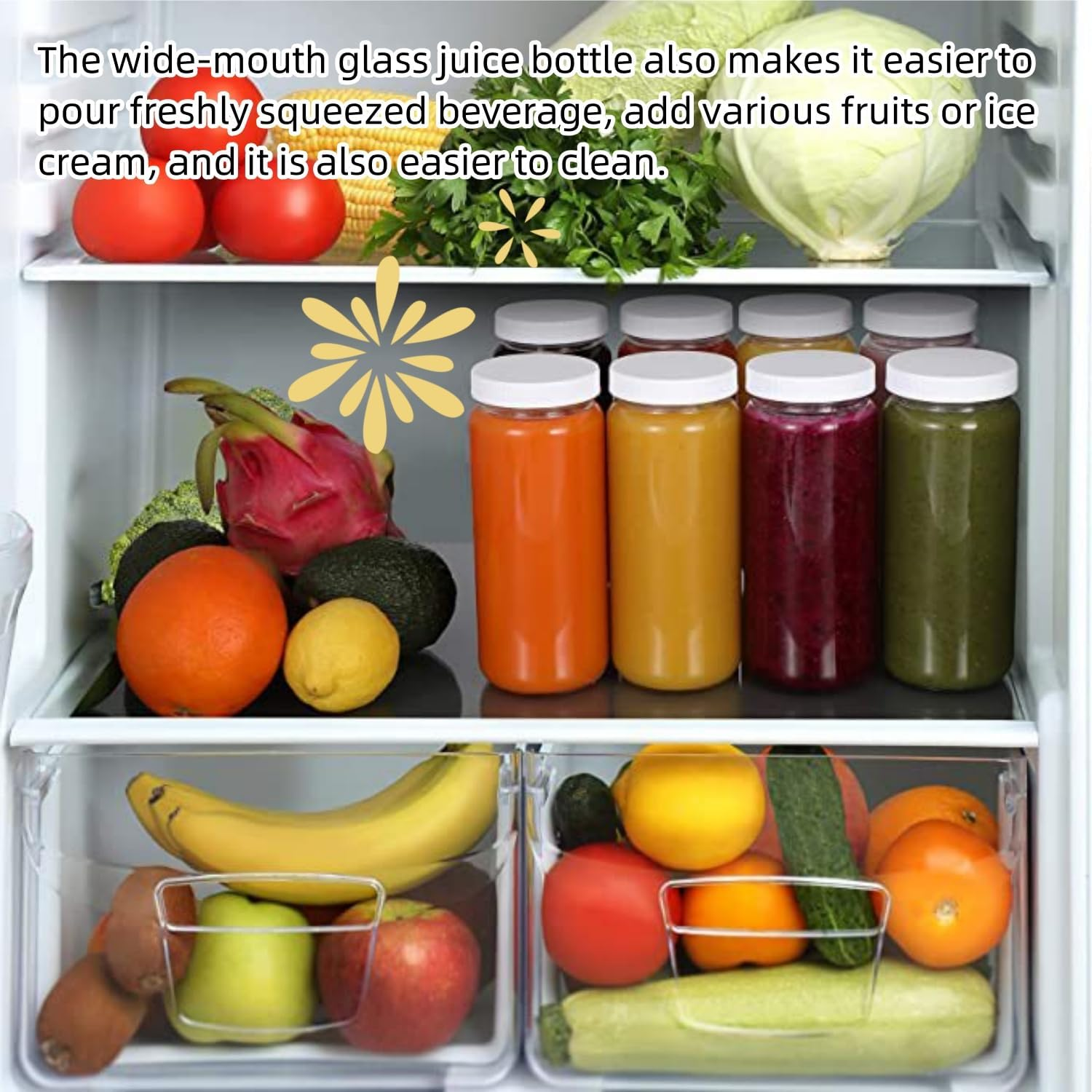 6 Pack Glass Juice Bottles, 16 Oz Glass Bottles with Caps.Reusable Jar Clear Glass Water Bottle with Plastic Airtight Lids for Juice, Smoothies, Tea, Milk, Kombucha, Homemade Beverages image number 3