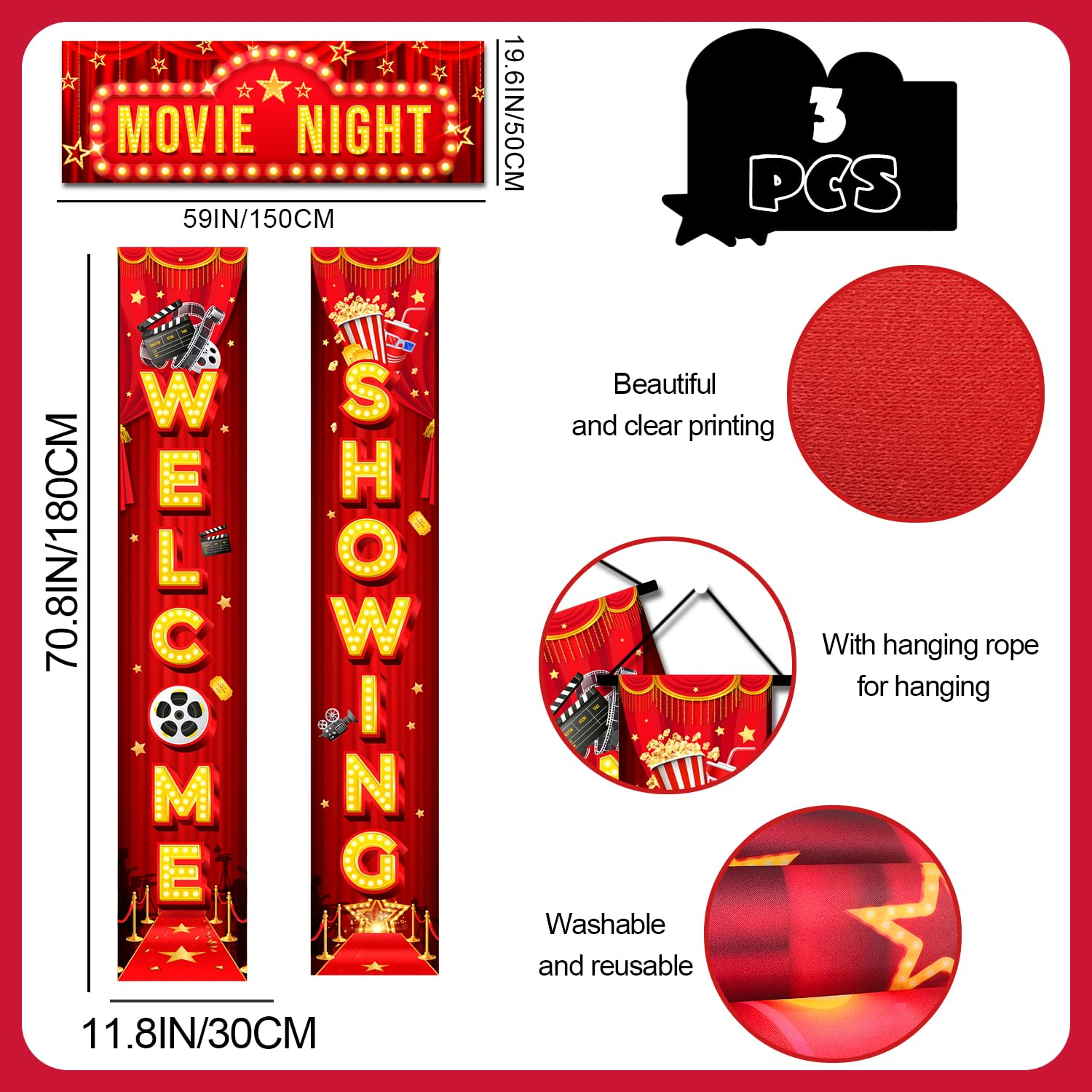 Movie Night Porch Sign Banner, 2 Pcs Movie Night Porch Banner Theme Door Banner & 1 Pcs Door Top Banner for Birthday Party Decorations image number 3