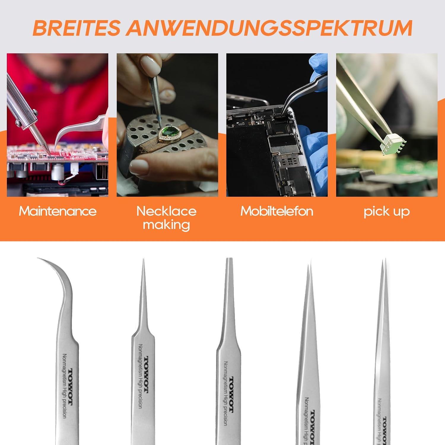 TOWOT Precision Tweezers, Stainless Steel Pointed Tweezers for Craft, Electronics, Soldering, Experimental Work, Jewelry-Making, Non-Magnetic Industrial Tweezers image number 2