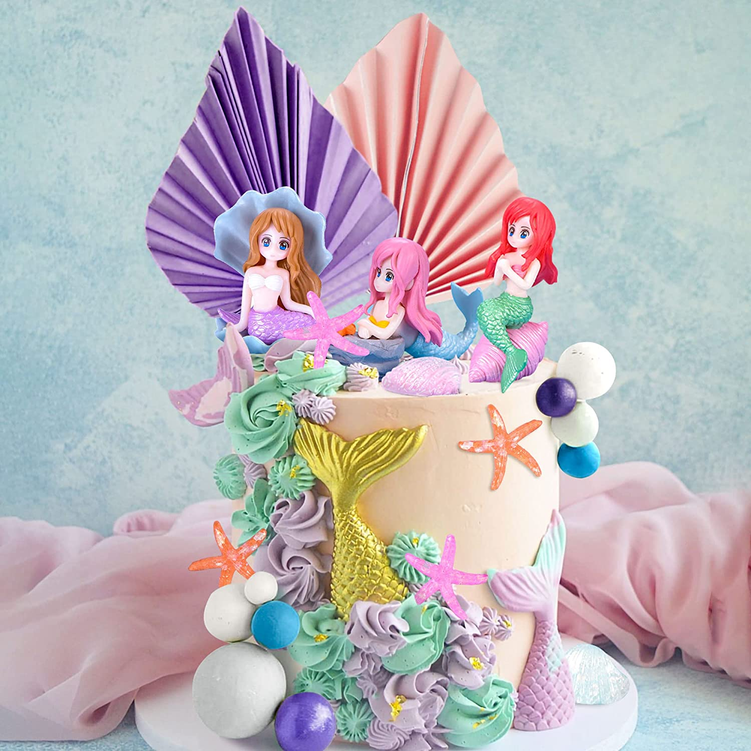 Jevenis 30 PCS Mermaid Cake Decoration under the Sea Cake Decoration Seashell Cake Topper Mermaid Tail Cake Topper Mermaid Party Supplies Sea Star Cake Toppers image number 2