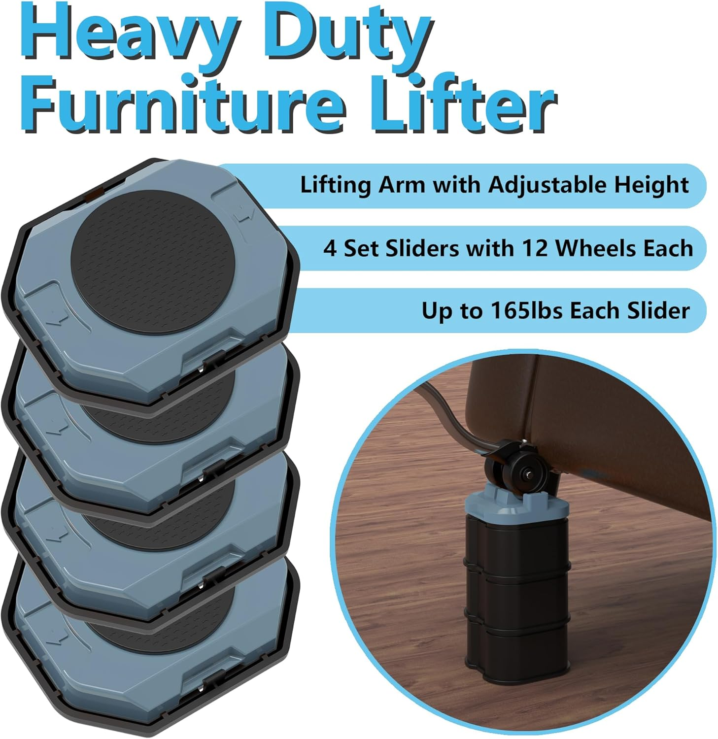 Furniture Lift Mover Tool, Heavy Duty Furniture Lifter and Movers Set with Sliders - Easily Move Heavy Items on Hardwood Flooring and Carpet (Grey Blue) image number 3