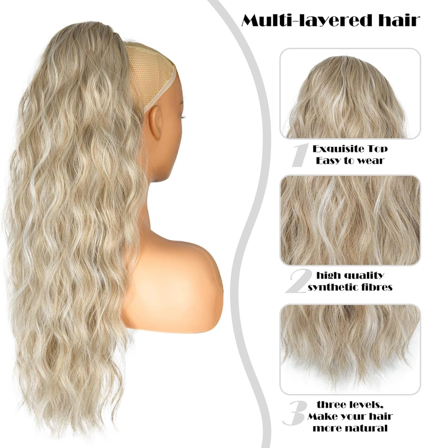 26 Inch Blonde Ponytail Extension, Drawstring Ponytail Extension for Women, Long Wavy Pony Tails Hair Extensions, Synthetic Hair Extensions Ponytail for Daily Use - 4/30 image number 3