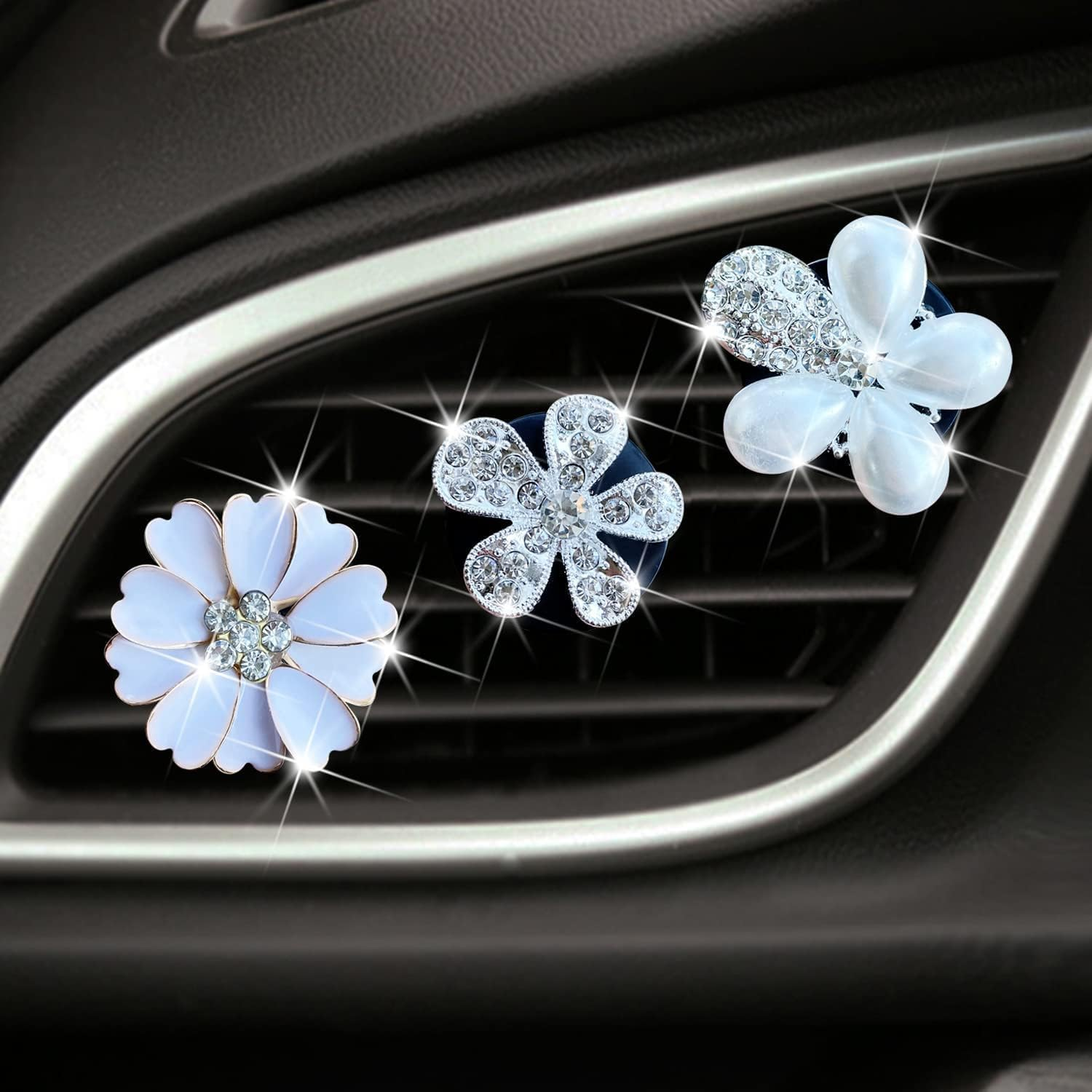 Bling Flower Air Vent Clips, 6 Pcs Cute Daisy Air Fresheners, Diffuser with Rhinestone Interior Decoration Charm, Diamond Decor Accessories for Women Girls