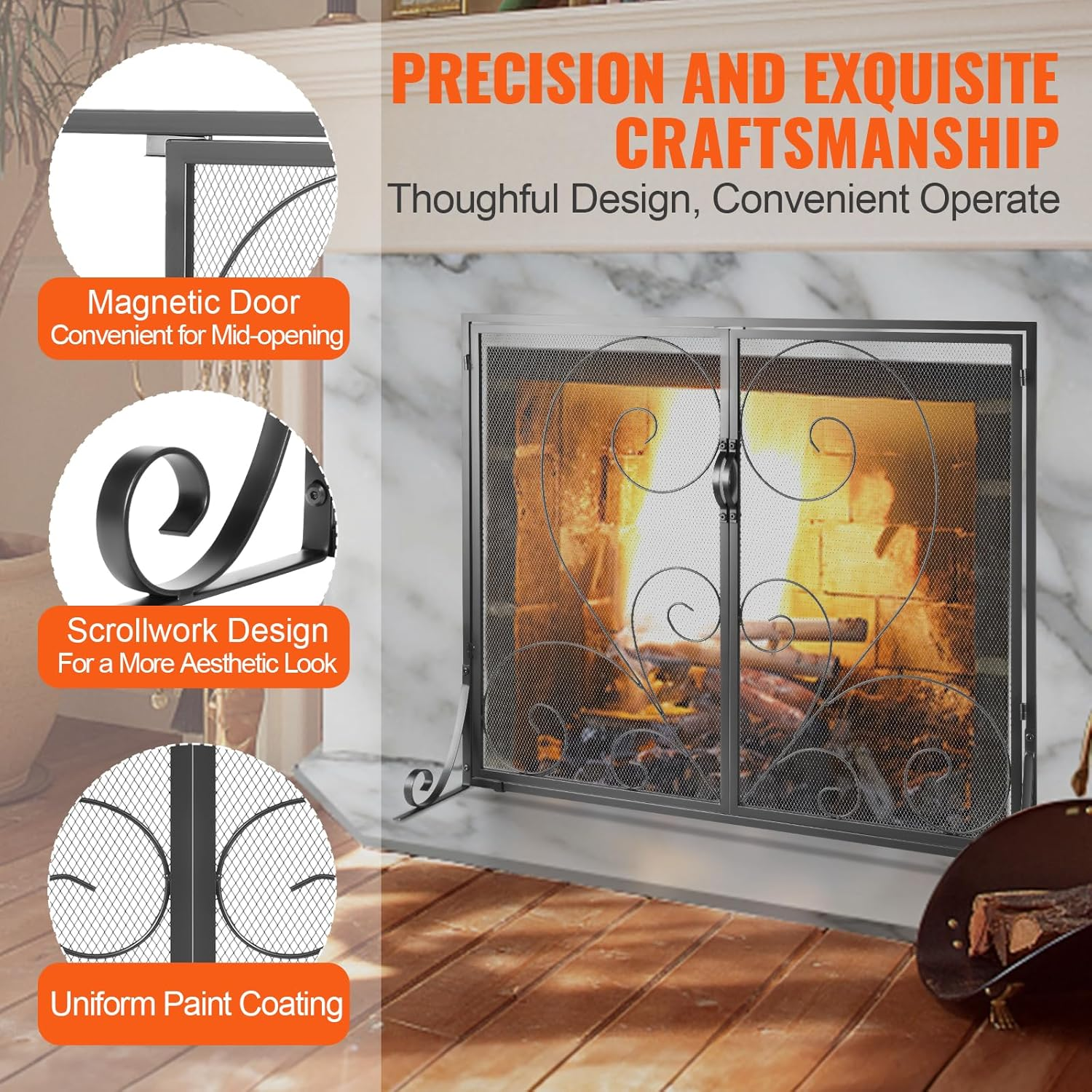 VEVOR Fireplace Screen 2 Panel with Door, Sturdy Iron Mesh Fireplace Screen, 990(L) X802(H)Mm Spark Guard Cover, Simple Installation, Free Standing Fire Fence Grate for Living Room Home Decor Vintage