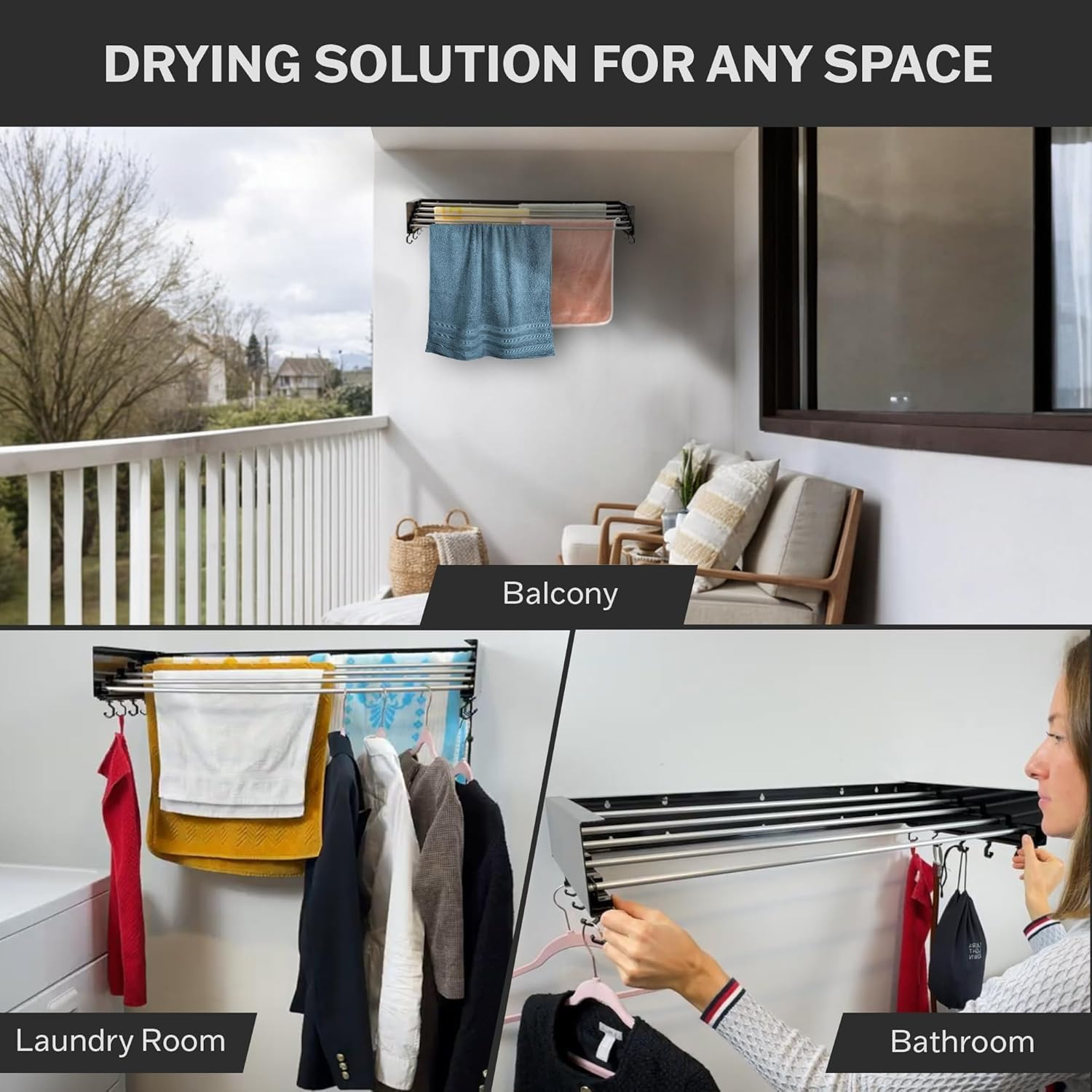 Qowooq Laundry Drying Rack Collapsible, Wall Mounted, Clothes Drying Rack, 81.3 Cm Industrial Black, 18.1 Kg Capacity with Wall Template and Long Screwdriver Bit (Black, 80Cm)