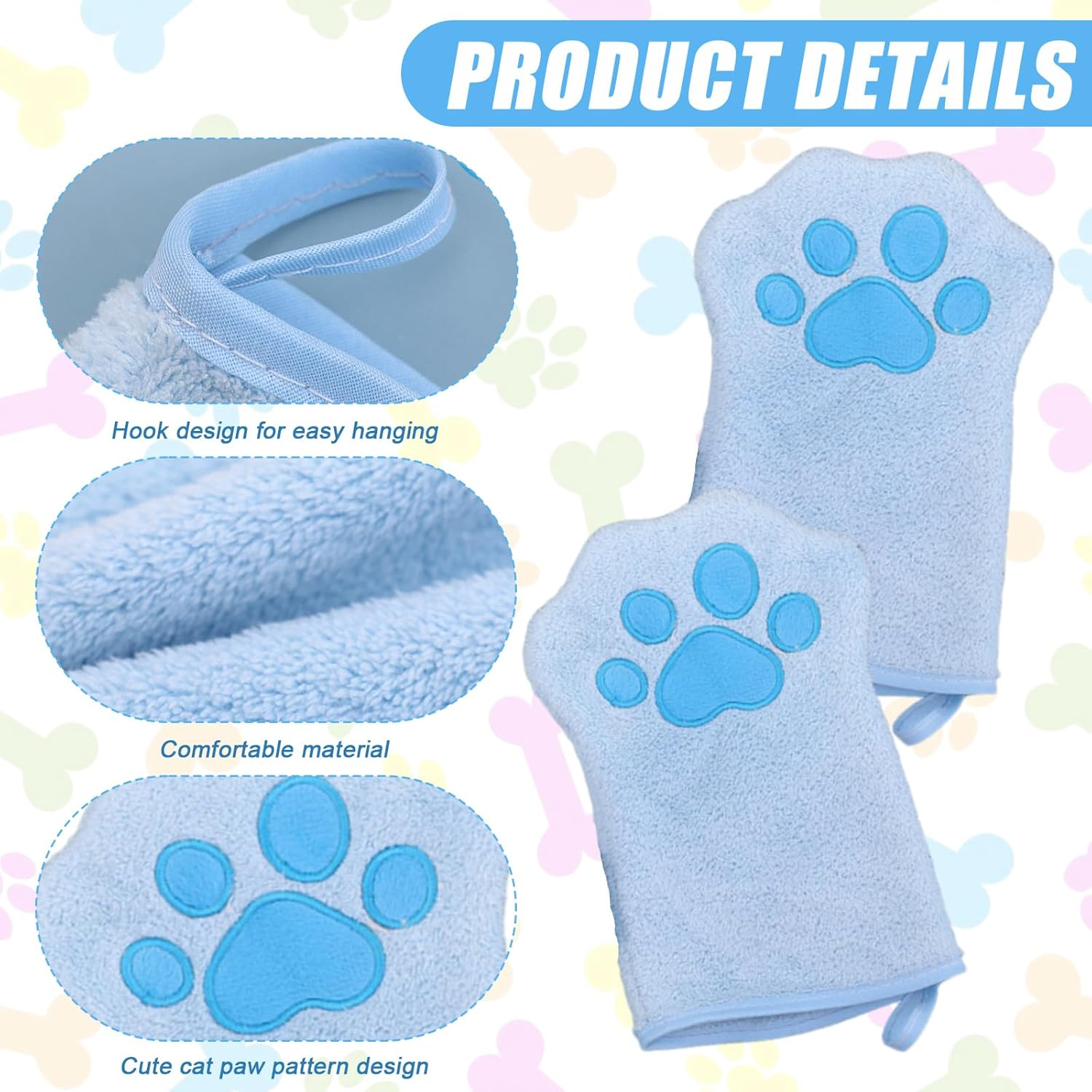 2 Pcs Dog Cleaning Towels Glove for Dogs and Cats, Soft Microfibre Pet Towel Mitts Coral Fleece, Water-Absorbent Pet Drying Mitts, Cute Cat Paw Gloves Towel (Blue) - Pink image number 2