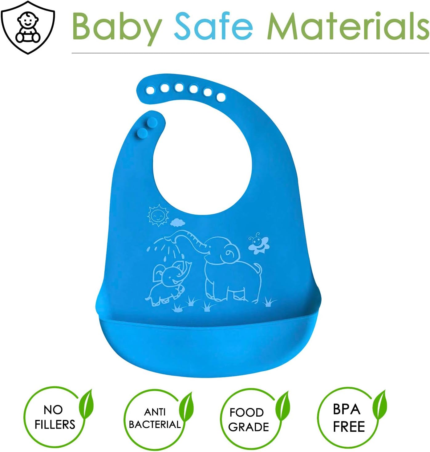 Waterproof Silicone Baby Bibs (Set of 2) with Food Catcher Pocket &ndash; BPA Free, Food Grade Feeding & Weaning Bib for Toddlers, Boys & Girls - Adjustable, Roll up Design Green & Blue image number 2