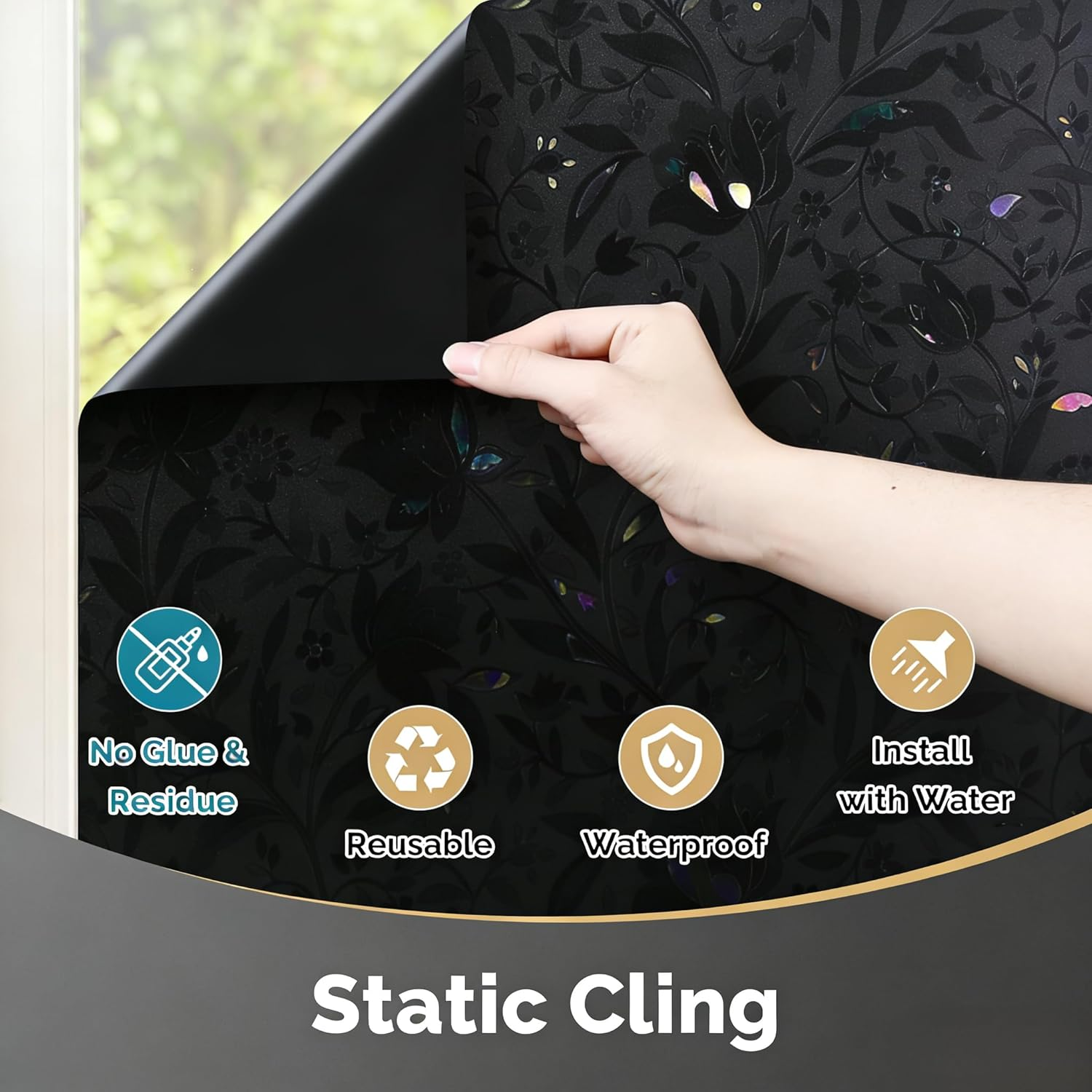 Total Blackout Tulip Frosted Window Privacy Film, Static Cling 100% UV Blocking Window Tint, Non-Adhesive Heat Control Black Out Window Covers for Home Bathroom Door Glass Decoration (Tulip, 90X200) image number 2