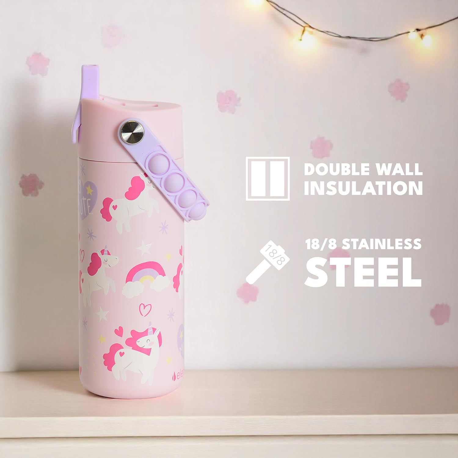 Elemental Insulated Kids Water Bottle, Stainless Steel Bottle with Straw Lid & Stress Reliever Pop-It Handle, Leak-Proof Bottle for School, Travel & Sports, 530Ml Unicorn Magic - Orange Tie Dye image number 5