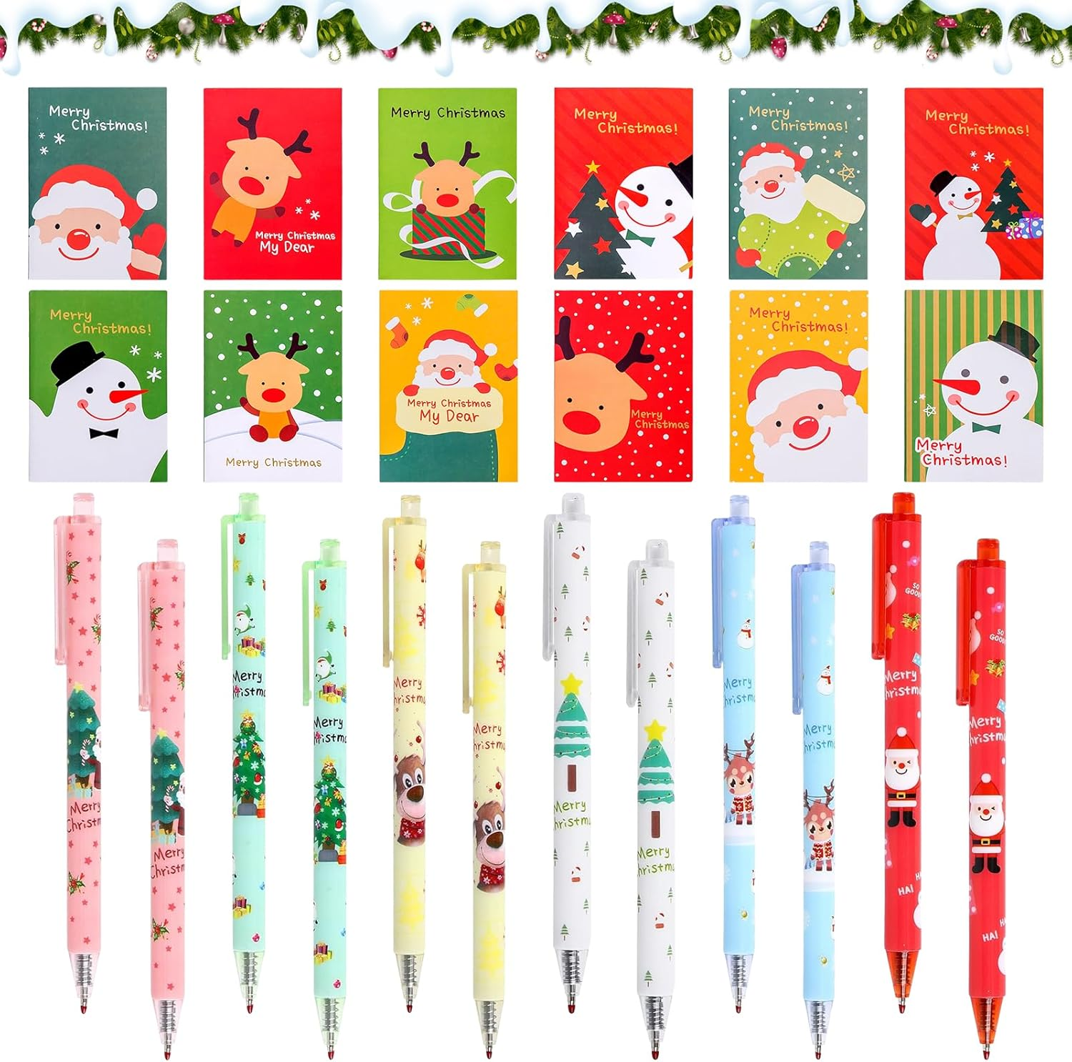 Pack of 24 Christmas Stationery Set, Christmas Small Items, Christmas Notepad and Ballpoint Pen, Christmas Neutral Pen, Cartoon Christmas Stationery for Children, Birthday Gift (A)
