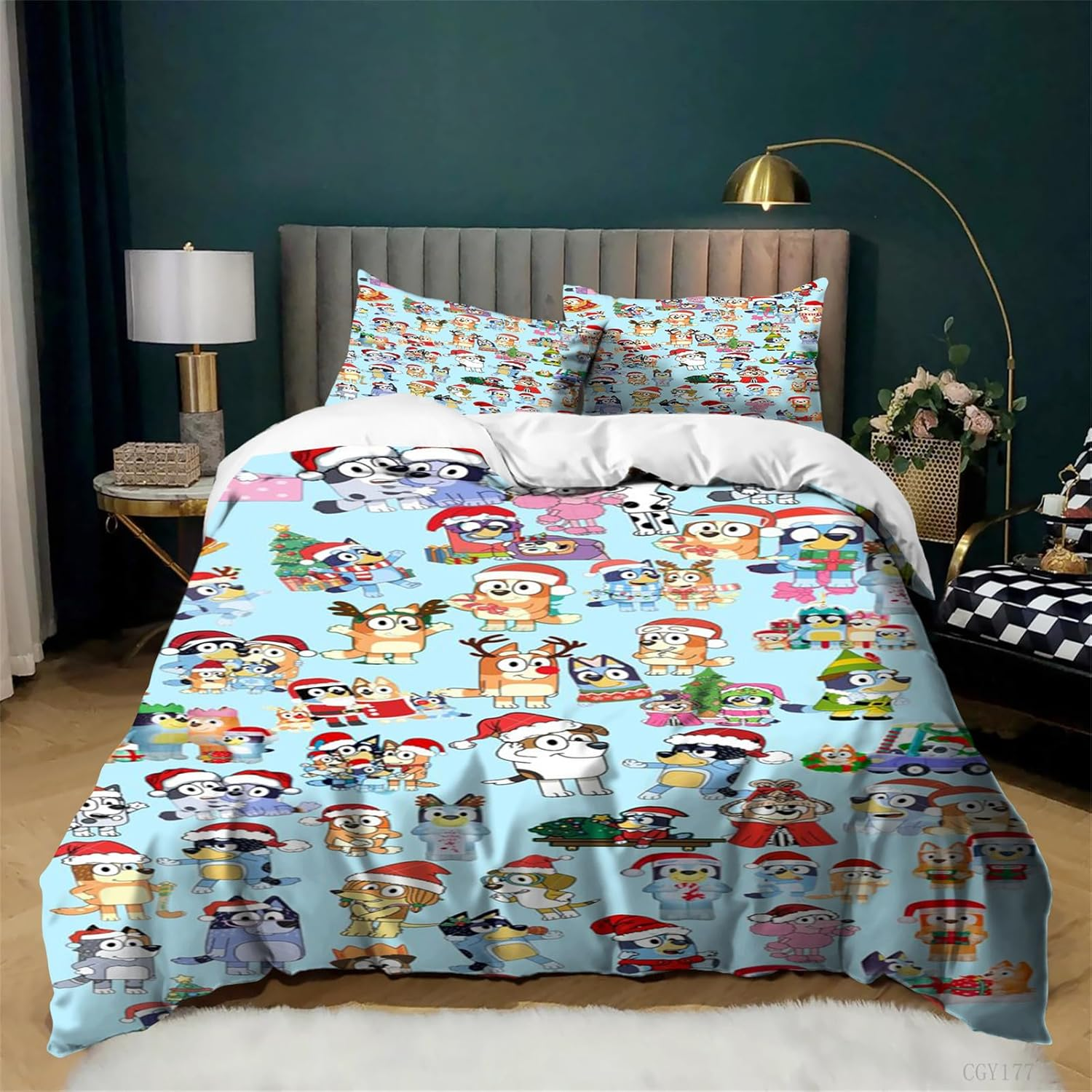 Kids Duvet Cover Set Cartoon Bedding Set for Boys Girls 3 Pieces Bluey Soft Breathable Comforter Set(1 Duvet Cover+2 Pillowcase)