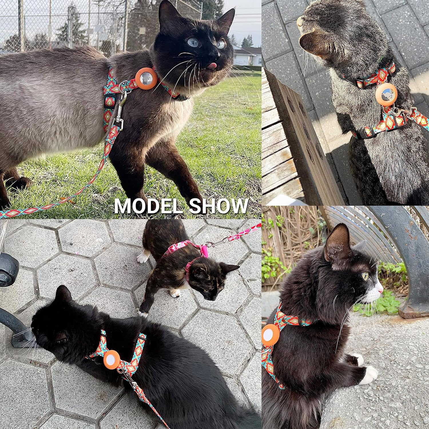 Cat Harness and Leash Escape Proof for Walking Travel Outdoor - Soft Nylon Adjustable Cute Cat Harness Leash Set with Airtag Holder for Small Large Cats image number 5