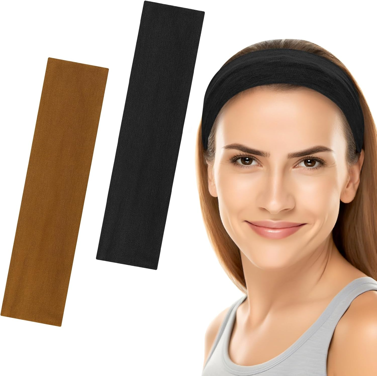 6Cm Wide Headbands for Women Men, [2 PCS] Unisex Fashion Head Bands for Women'S Hair, Soft Fabric Stretchy Elastic Hair Bands for Makeup, Yoga, Running (Black+Black, One Size)