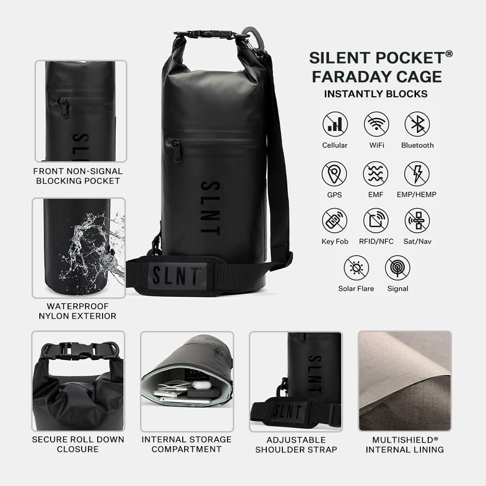 SLNT Waterproof Faraday Dry Bag with Silent Pocket - Military-Grade Nylon 10 Liter Faraday Bag - RFID Signal Blocking Dry Bag/Waterproof Backpack Protects Electronics from Water, Spying, Hacking