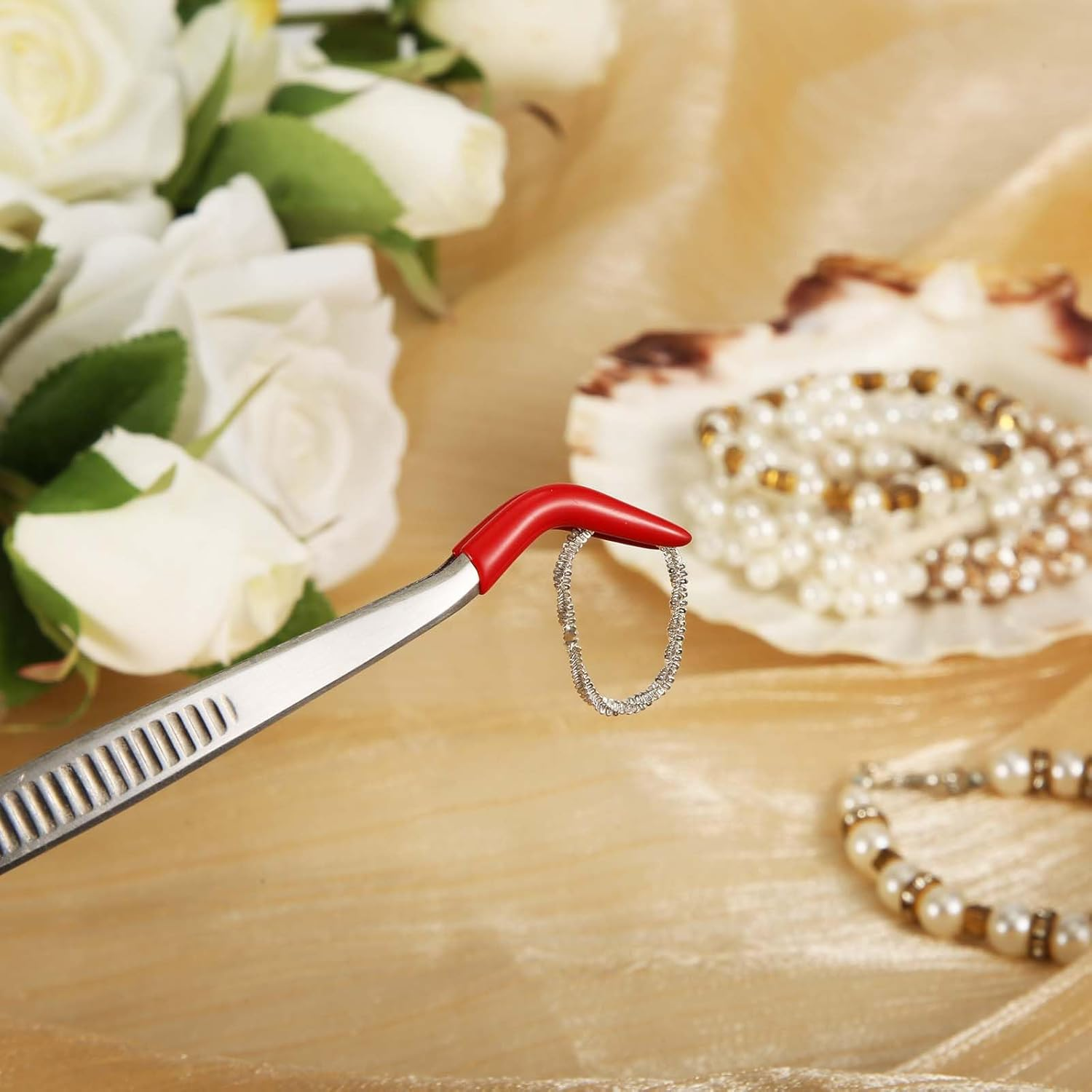 XIHIRCD 2Pcs Bent Tweezers with Rubber Tips, Curved Tip Tweezers, Stainless Steel, Compact, Red, Black image number 6