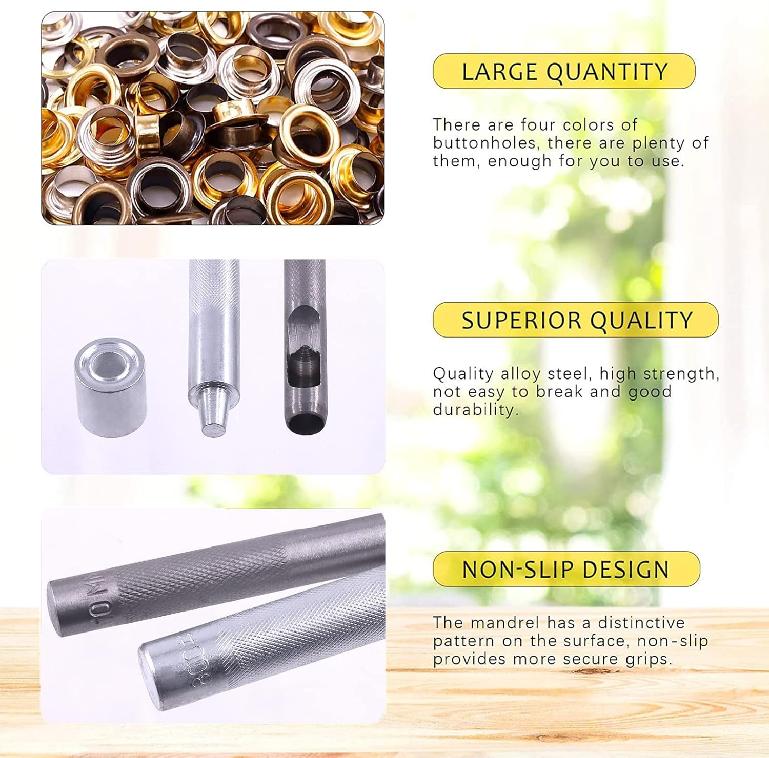 Swpeet 243Pcs - 120Sets 2/5" (10Mm) Hole Thicken Grommets 4 Colors Metal Grommets Eyelets Grommets with Washers and 3Pcs Setting Instal Tool Metal Eyelets Kit for Repairing Canvas, Leather image number 6